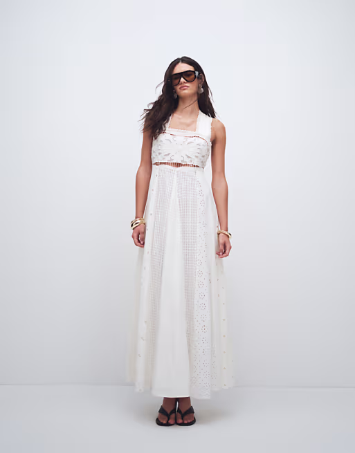 Topshop cutwork broderie mixed trapeze maxi dress in white