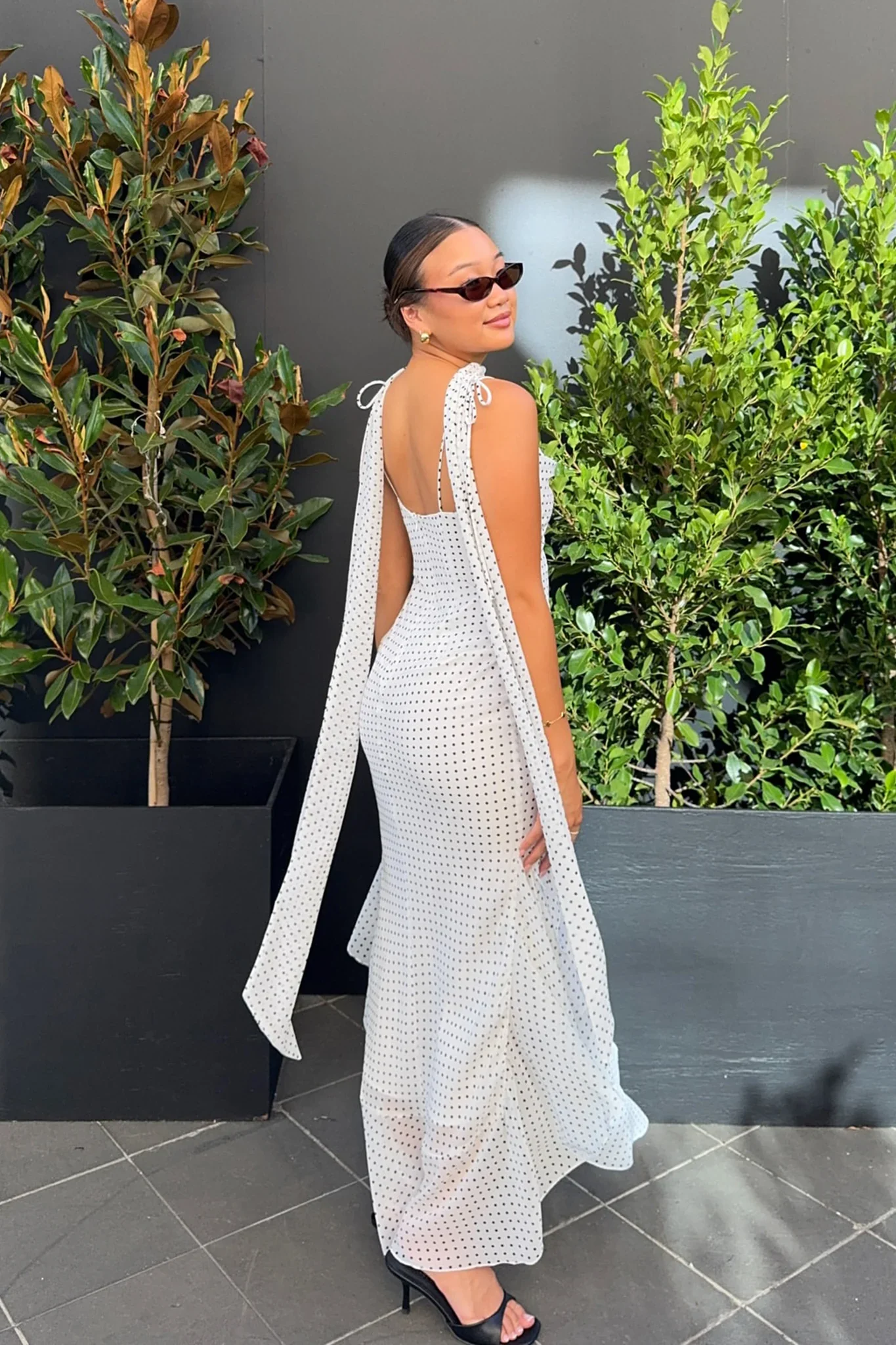 Emmara Tied Shoulder Maxi Dress Polka Dot White