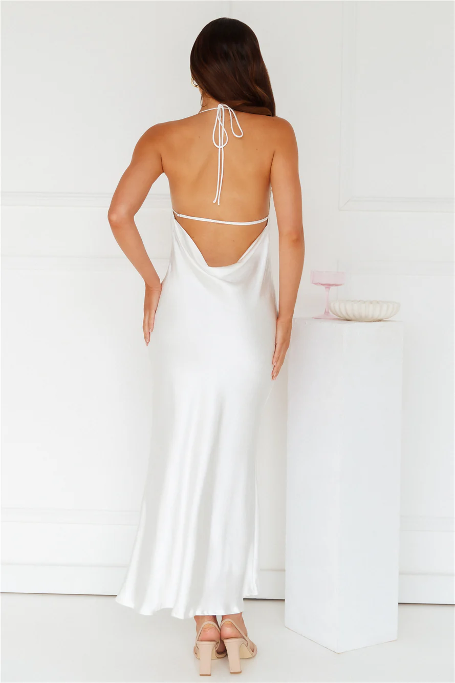 Rebellious Rose Halter Satin Maxi Dress White - luluinthesky