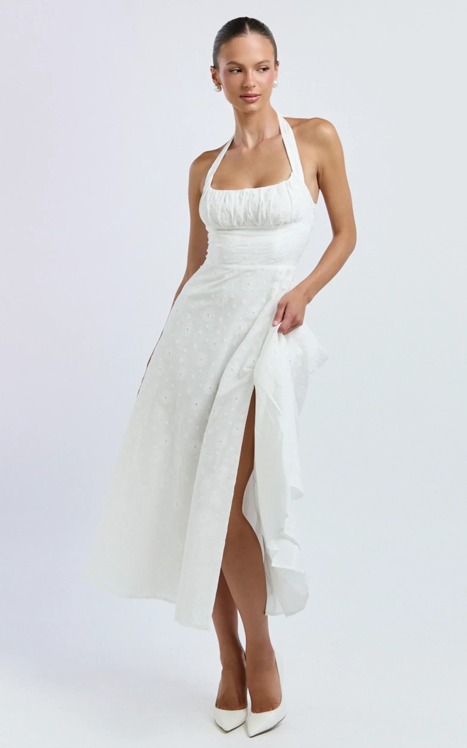 Lyra Midi Dress - Broderie Ruched Bust Halter Neck Dress in White