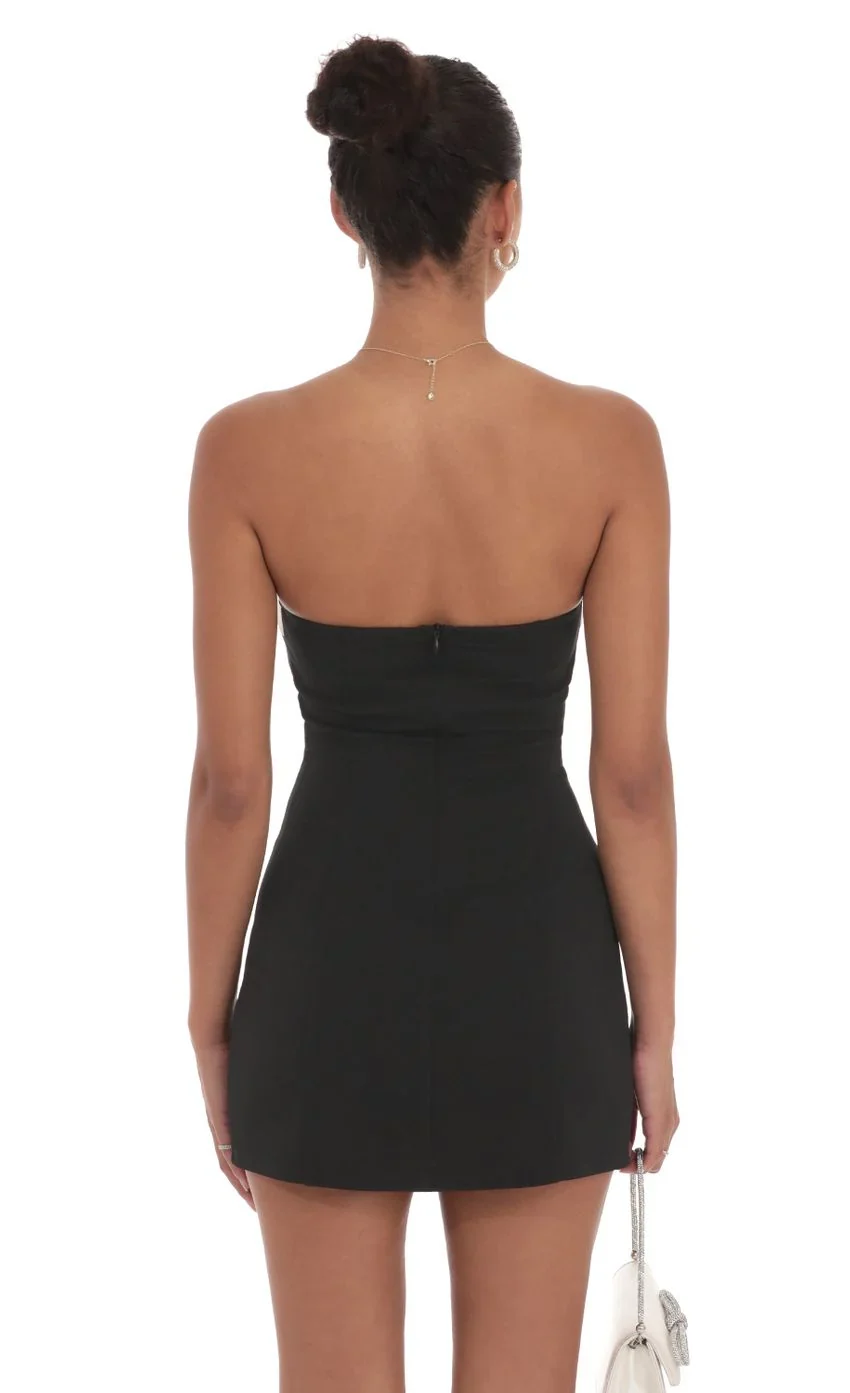 White Trim Strapless Dress in Black