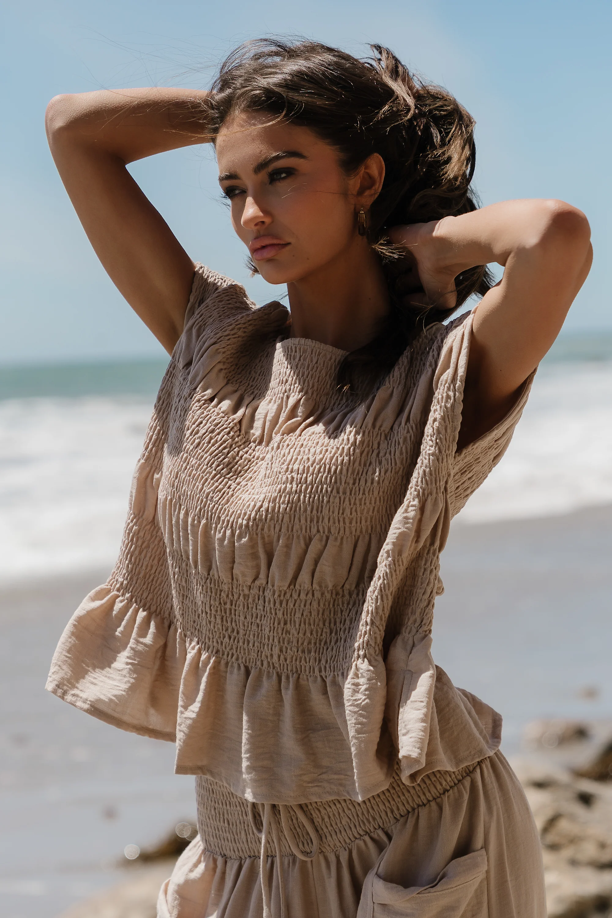 Ashton Smocked Top in Taupe - FINAL SALE