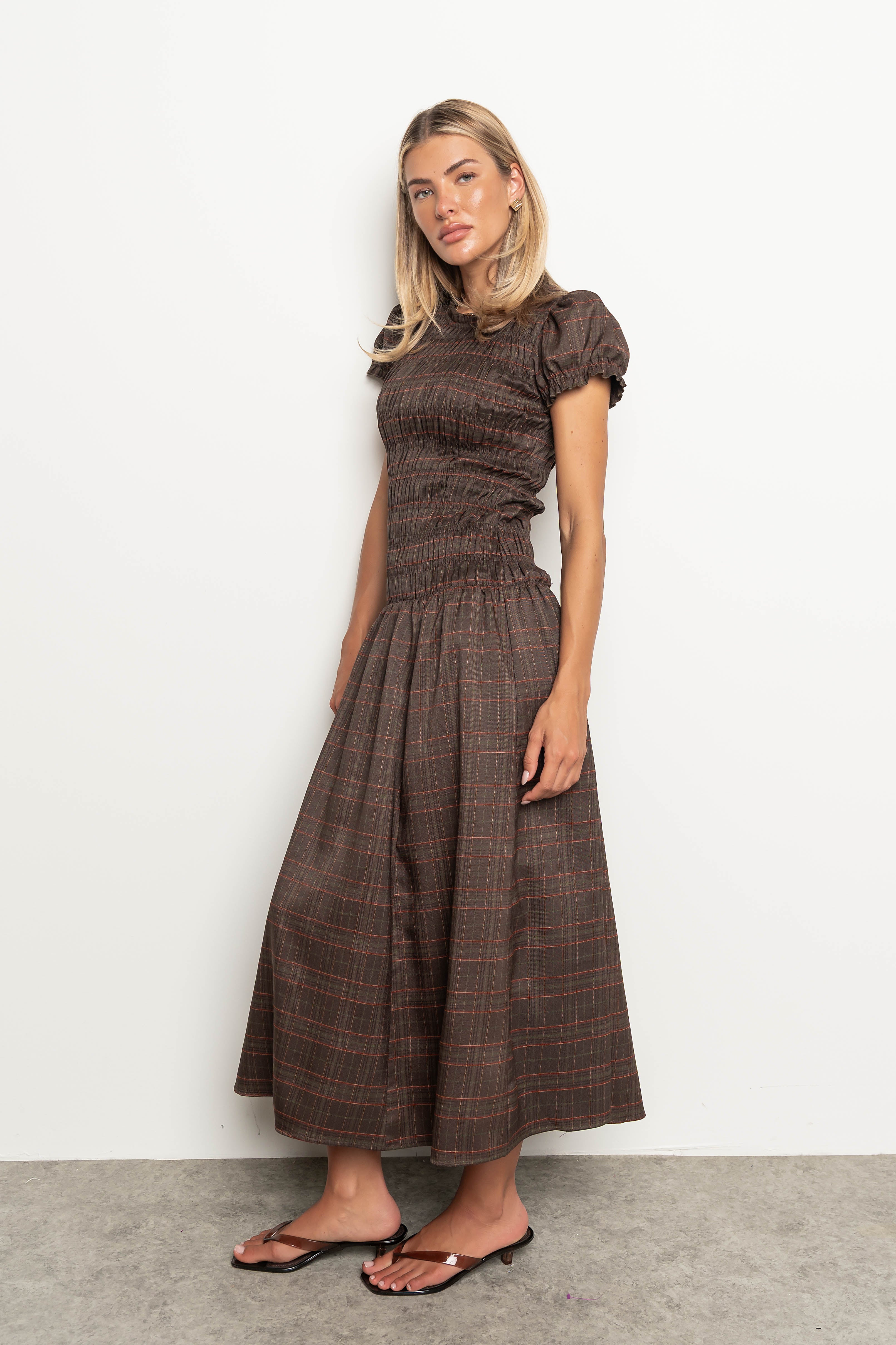 Opal Gingham Maxi Dress in Dark Brown