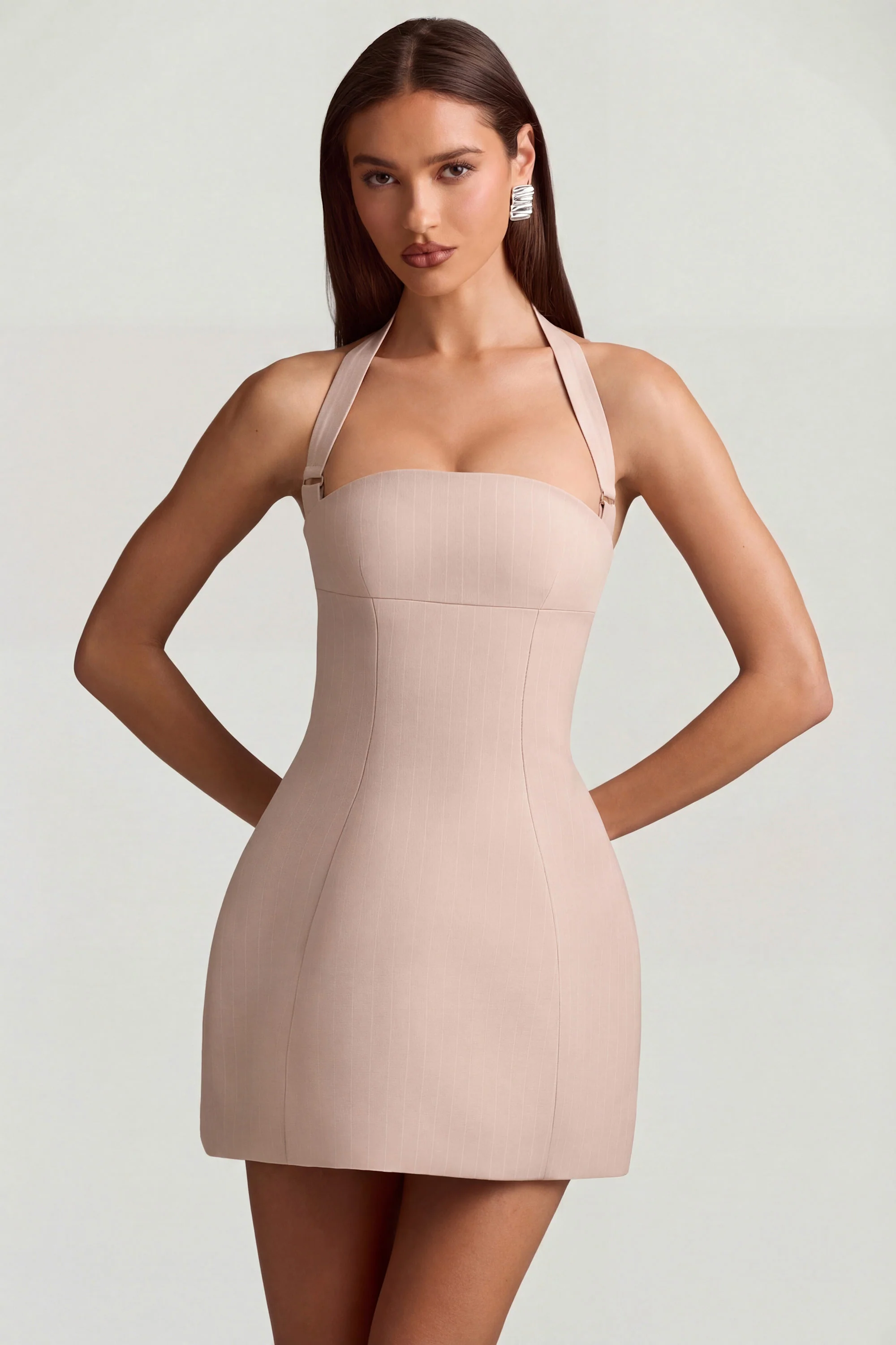 Pinstripe Halterneck Structured A-Line Mini Dress in Mushroom