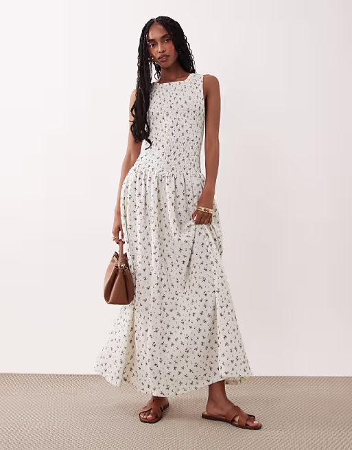 Brave Soul drop waist maxi racer dress with shirred bodice in white floral print