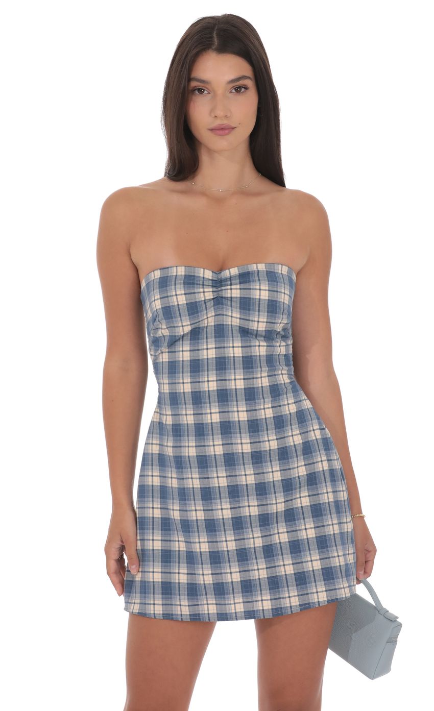 Strapless Plaid Dress in Blue