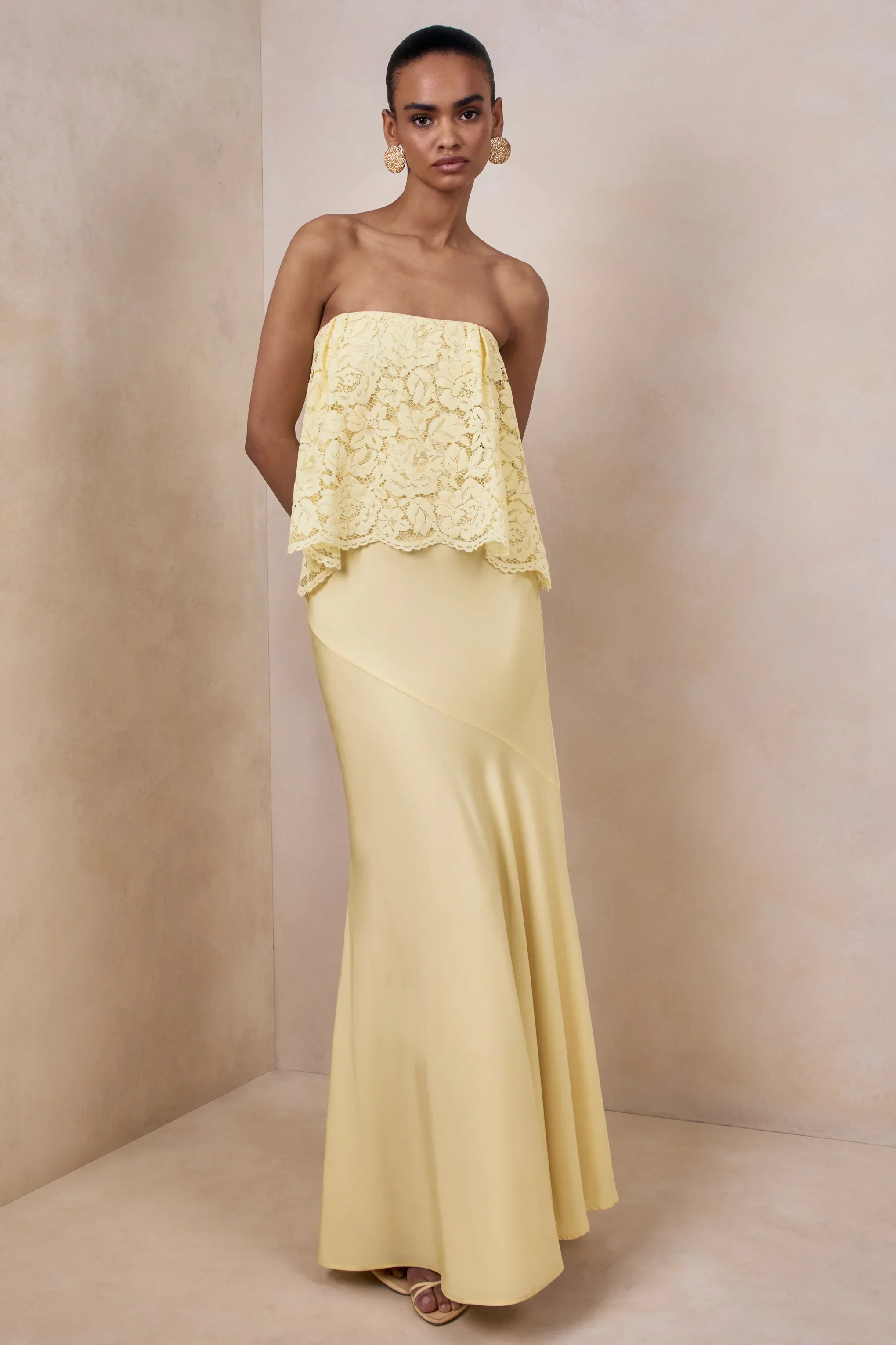 Clemency | Lemon Lace And Satin Bandeau Maxi Dress