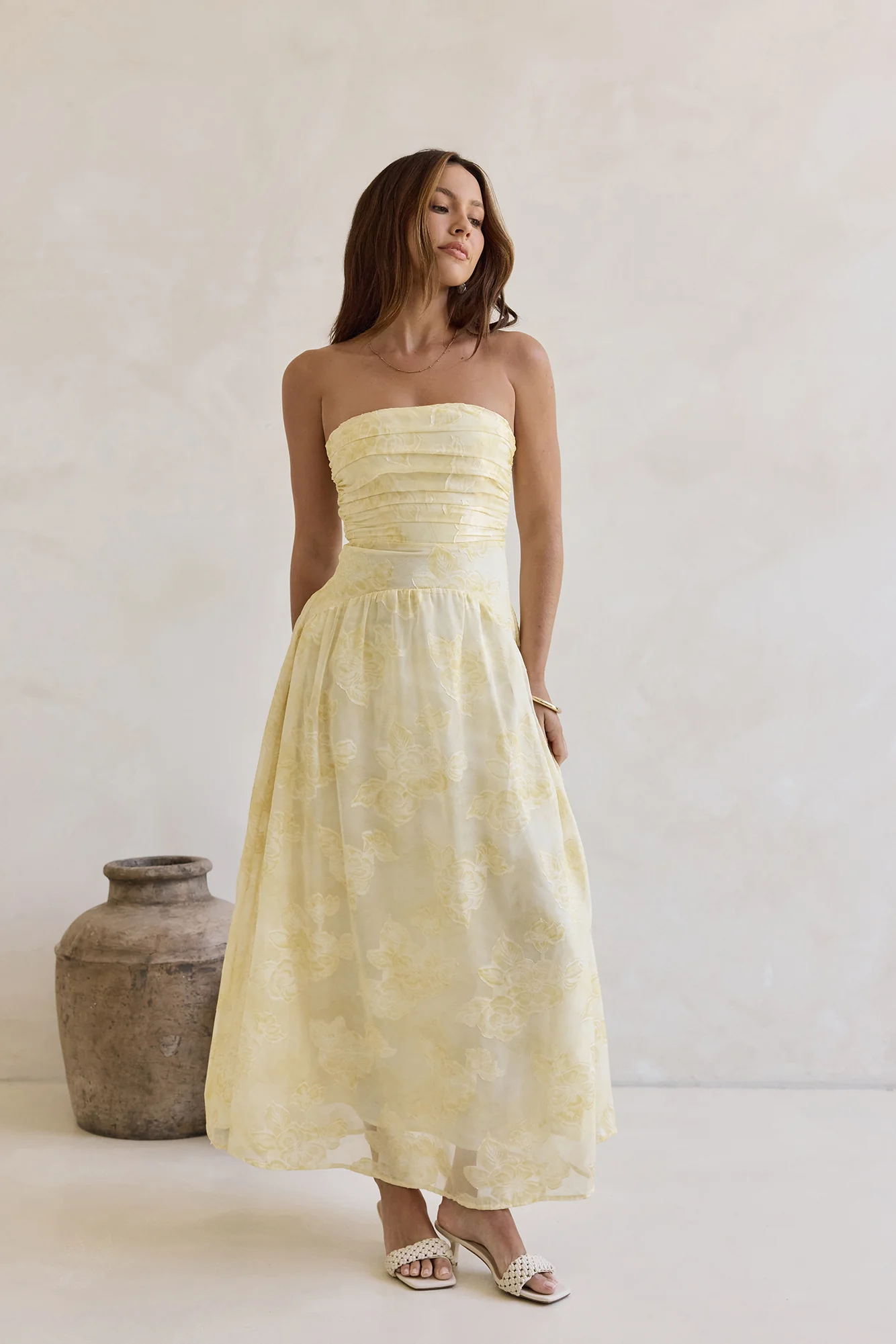 Cloud Kissed Paths Strapless Maxi Dress Yellow - luluinthesky