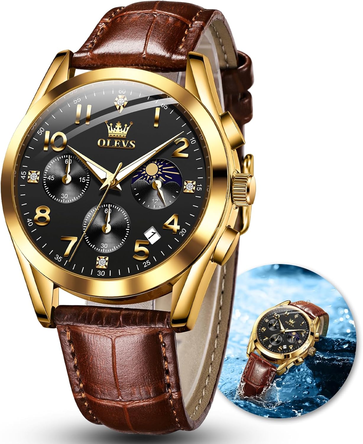 OLEVS Men's Watches Brown Leather with Date,Casual Watches for Men,Large Face Watches Men,Chronograph Mens Watch,Sport Waterproof Business Dress Analog Quartz Men's Wrist Watches Reloj De Hombre
