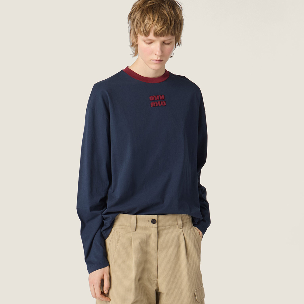 Designer blue Clothing MiuMiu Blue burgundy Long-sleeved Cotton Jersey T-shirt | Nigo Office