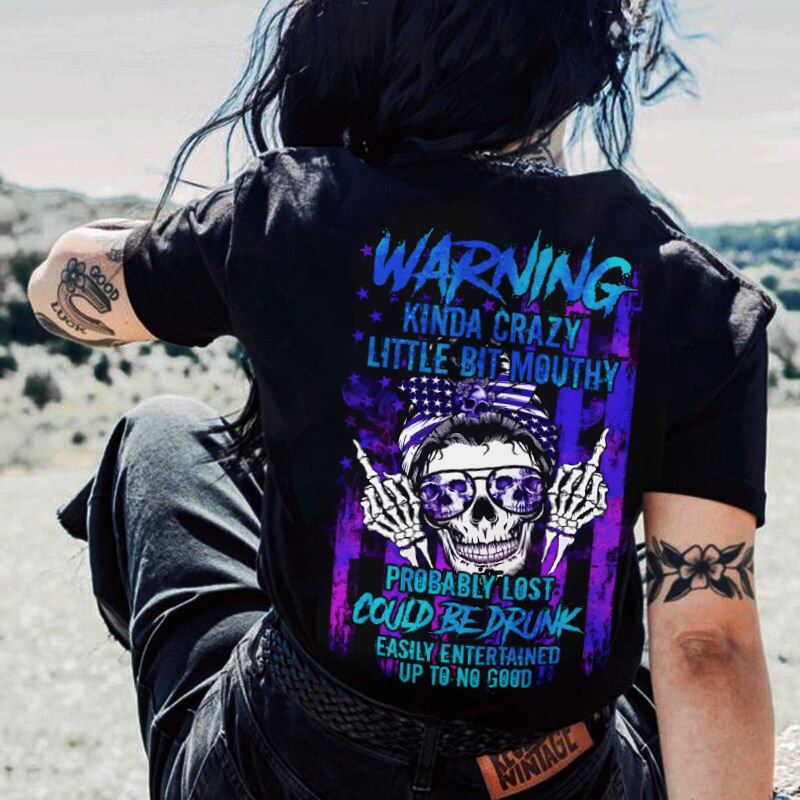 Skull Mom Warning Kinda Crazy Little Bit  Print Women's T-Shirt