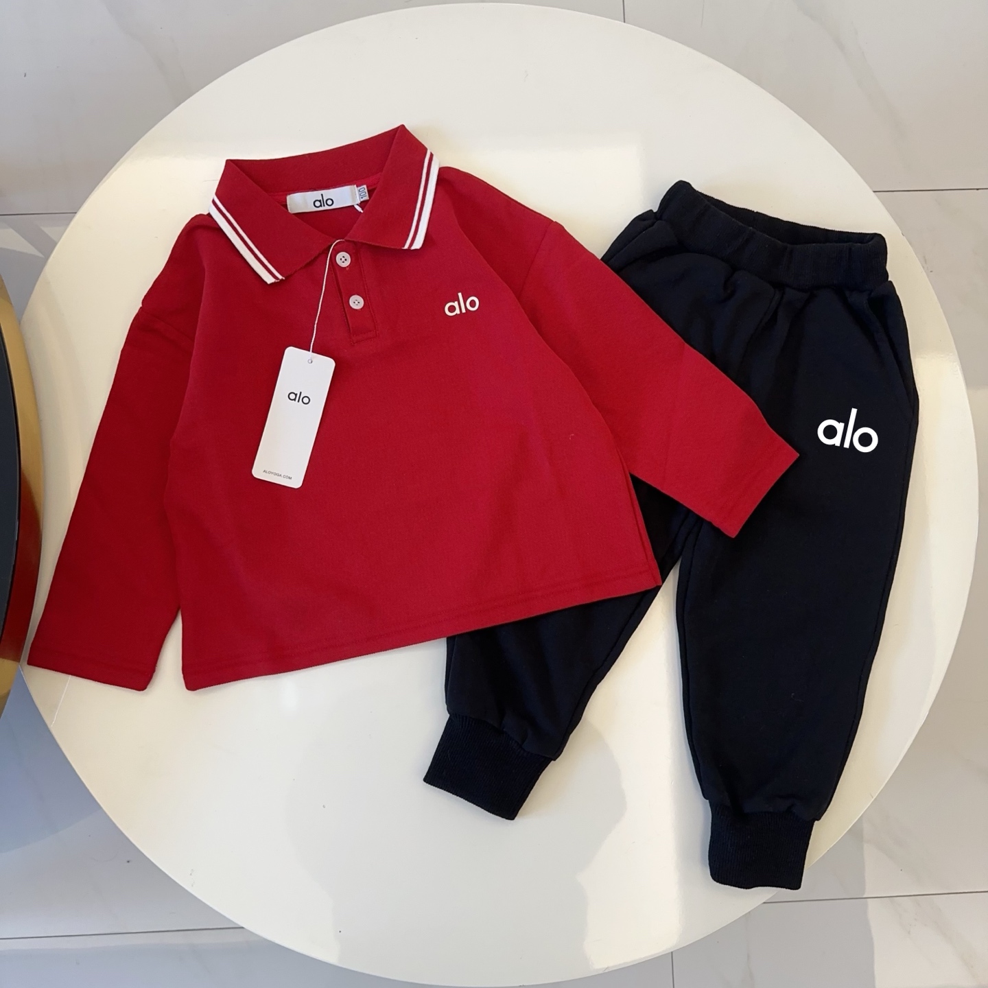 Alo Kids Striped Collar Long Sleeve Polo Top & Logo Jogger Sweatpants Separates For Boys Girls Casual Basic Outfit Multiple Colors Sizes 90-150
