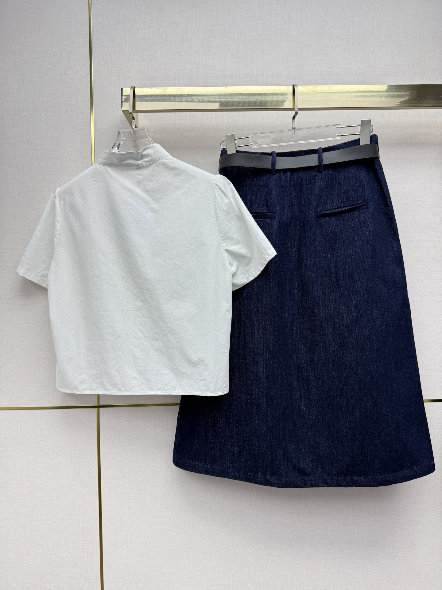 [TOP] Christian Dior Stand Collar Ruffled Short-Sleeve Shirt + Denim Skirt with Belt - White/Blue