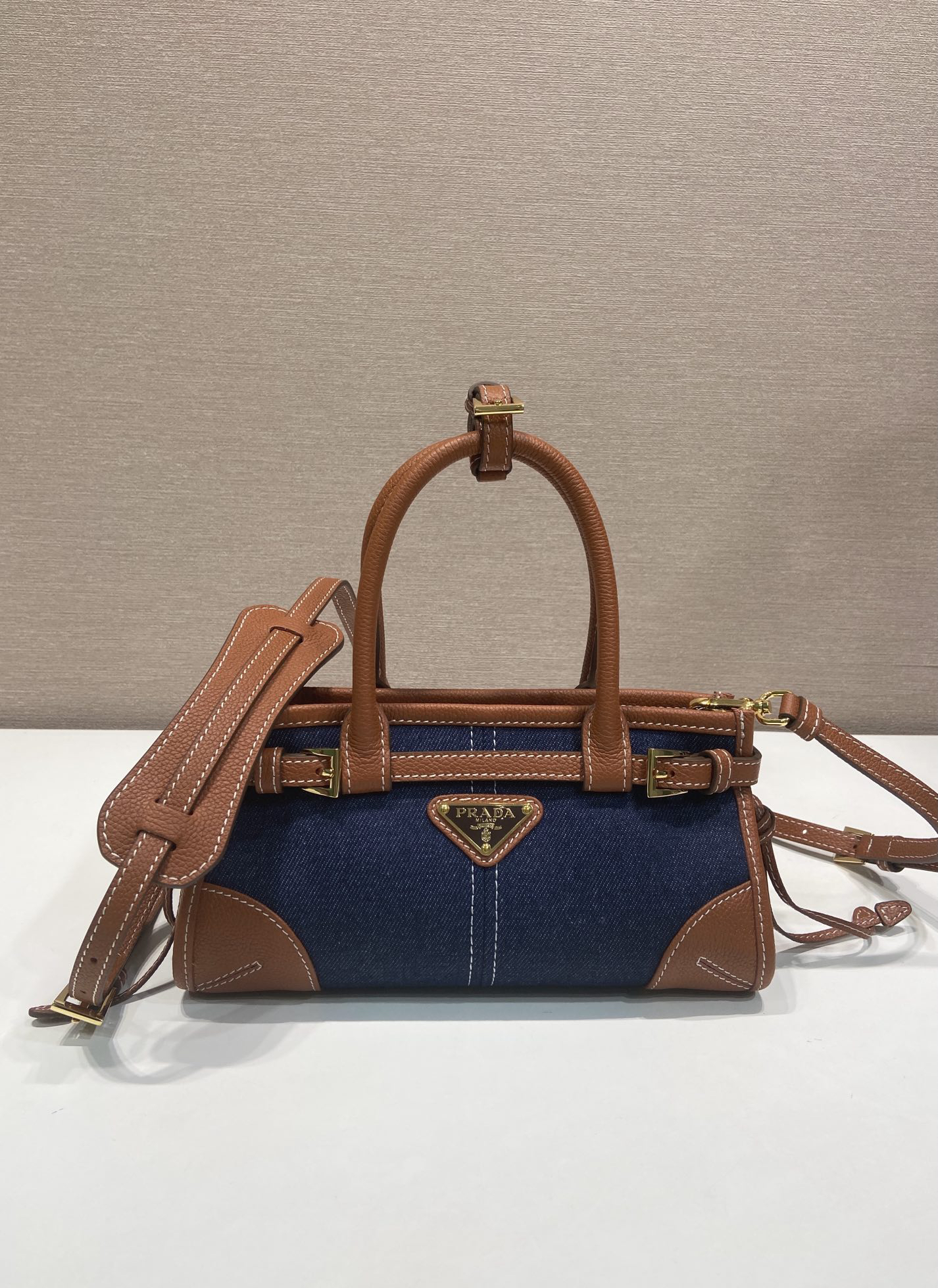 [TOP] PRADA Softlux Bag Denim/Calfskin 23.5x12x9cm - Blue and Brown