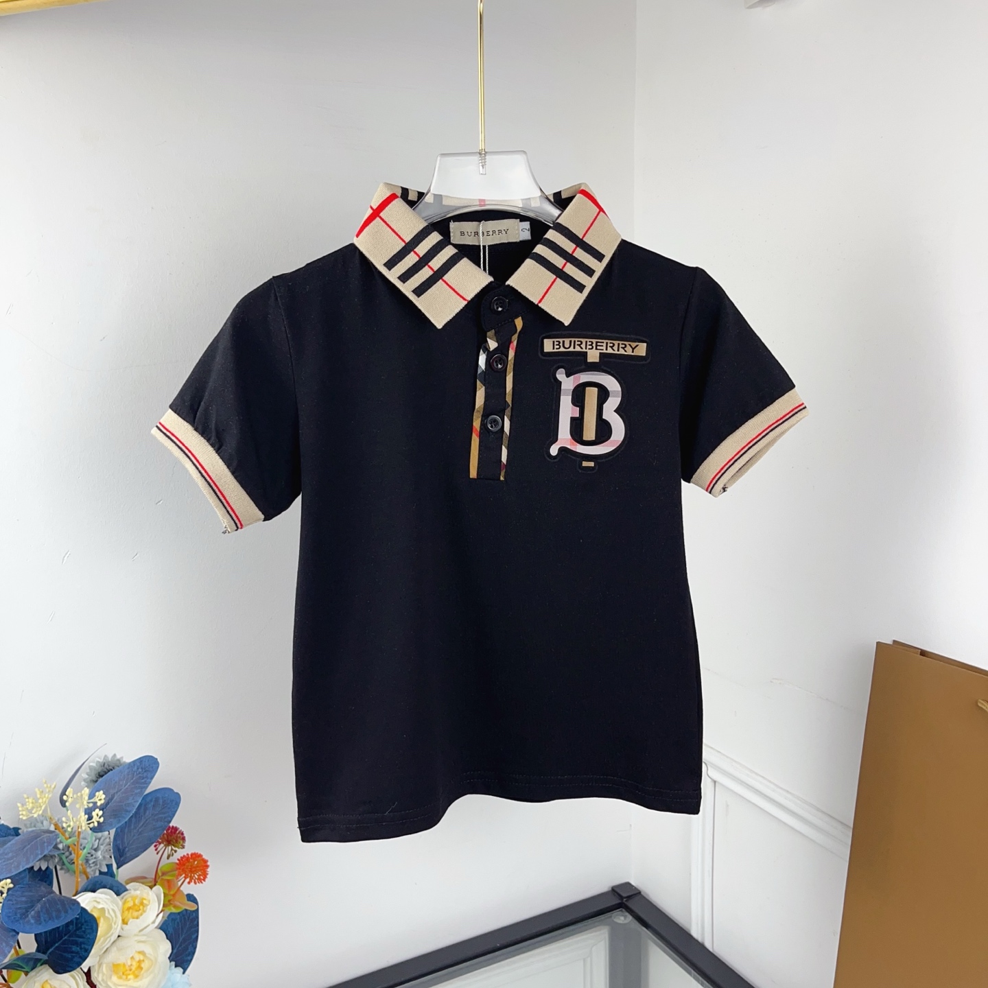 Burberry Unisex Kids Black Vintage Stripe Collar Short Sleeve Polo Shirt Embossed B Logo Boys Girls Sizes 90-130