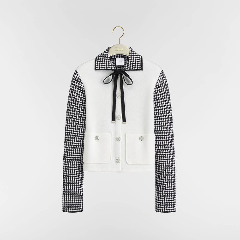 DIOR Cropped Jacket Black and White Houndstooth Wool-Cashmere-Blend Knit #389125