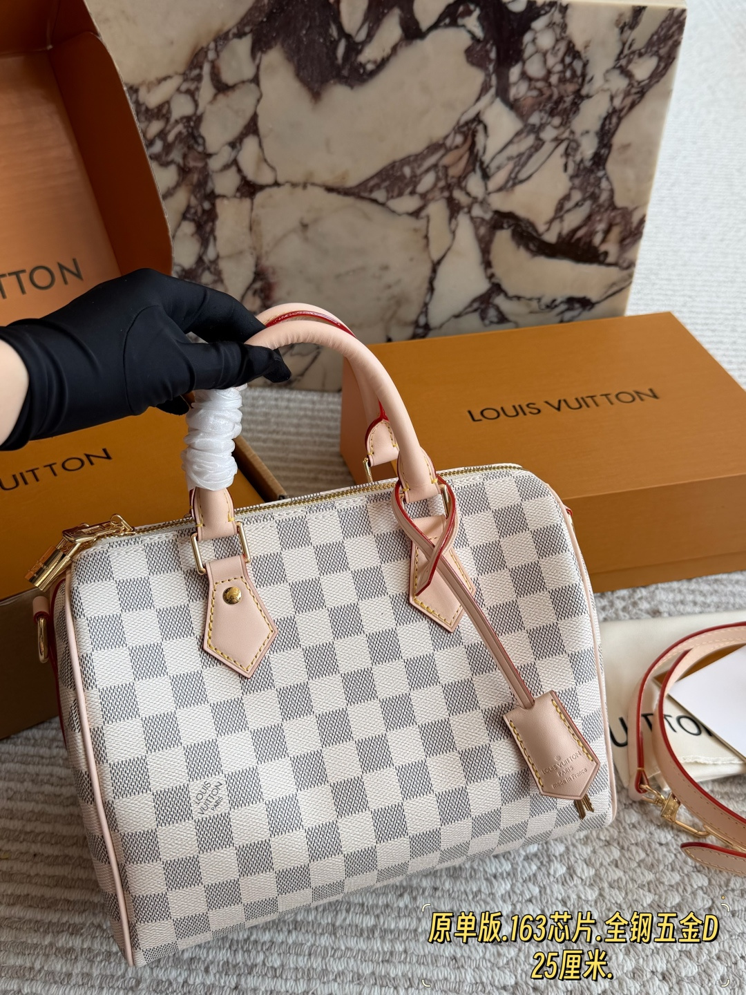 Louis Vuitton Speedy 25 Damier Azur Canvas with Leather Accents Handbag (Replica)