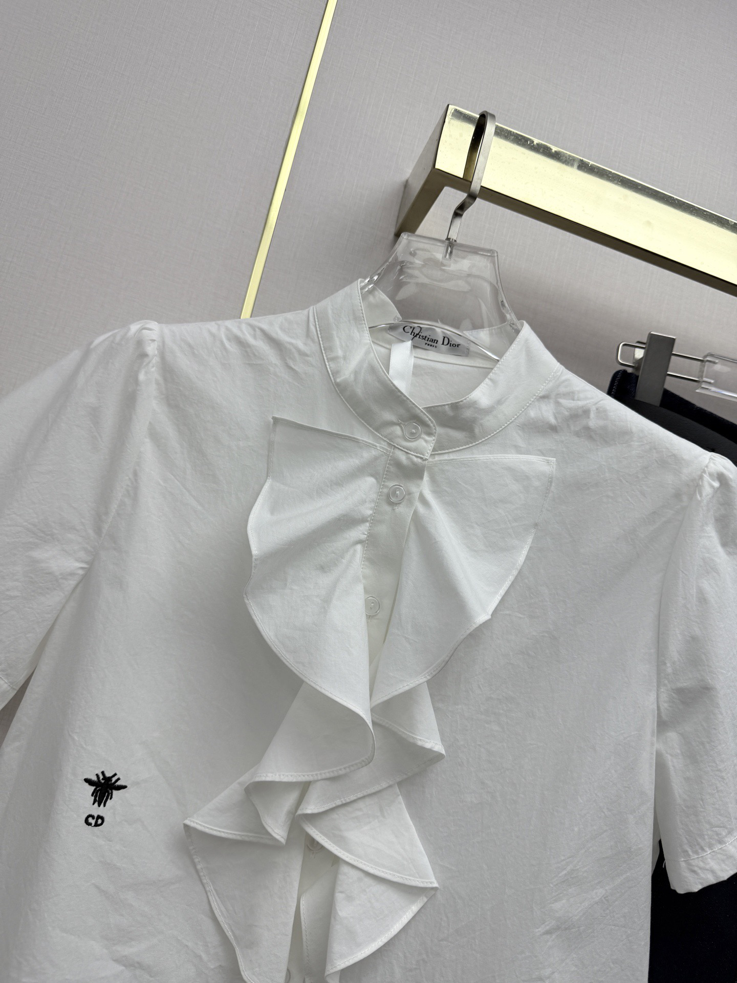 [TOP] Christian Dior Stand Collar Ruffled Short-Sleeve Shirt + Denim Skirt with Belt - White/Blue