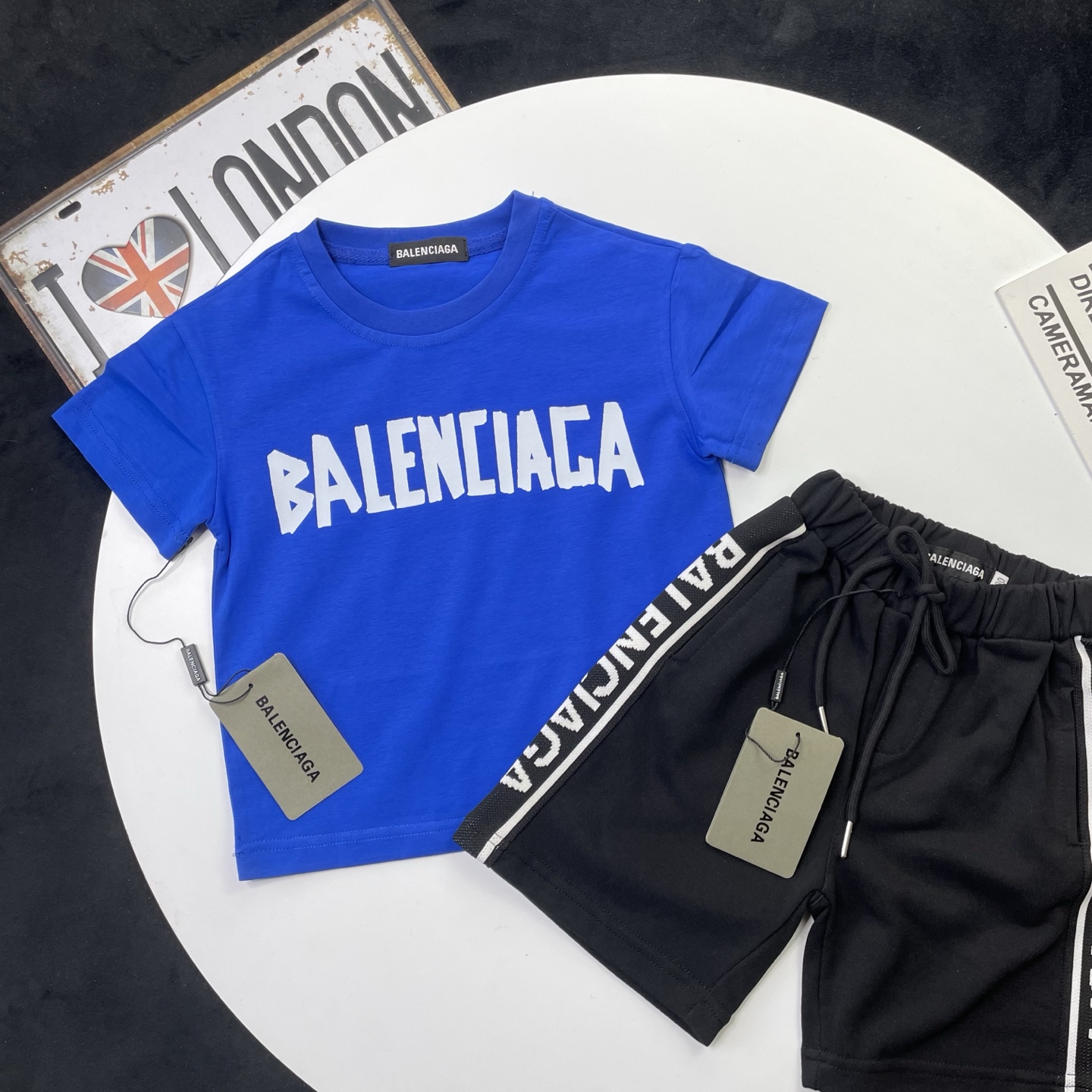 Balenciaga Unisex Kids Bright Blue Bold White Letter Short Sleeve T-Shirt & Black Side Striped Logo Sweat Shorts 2 Piece Set Boys Girls Sizes 90-150