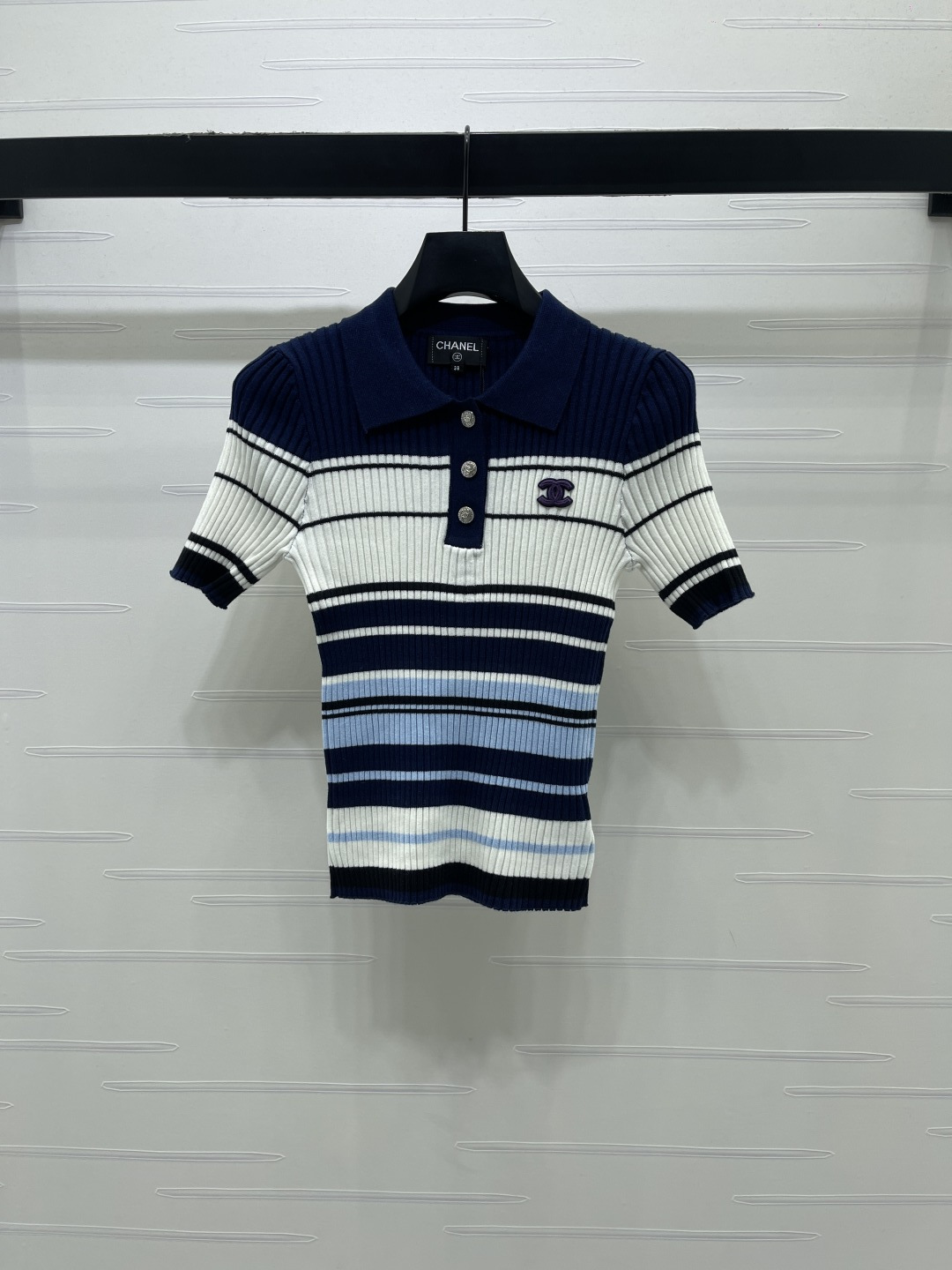 [TOP] CHANEL  Color-blocked Striped Collared Knit Short-sleeved Shirt - Blue - 711 Luxury