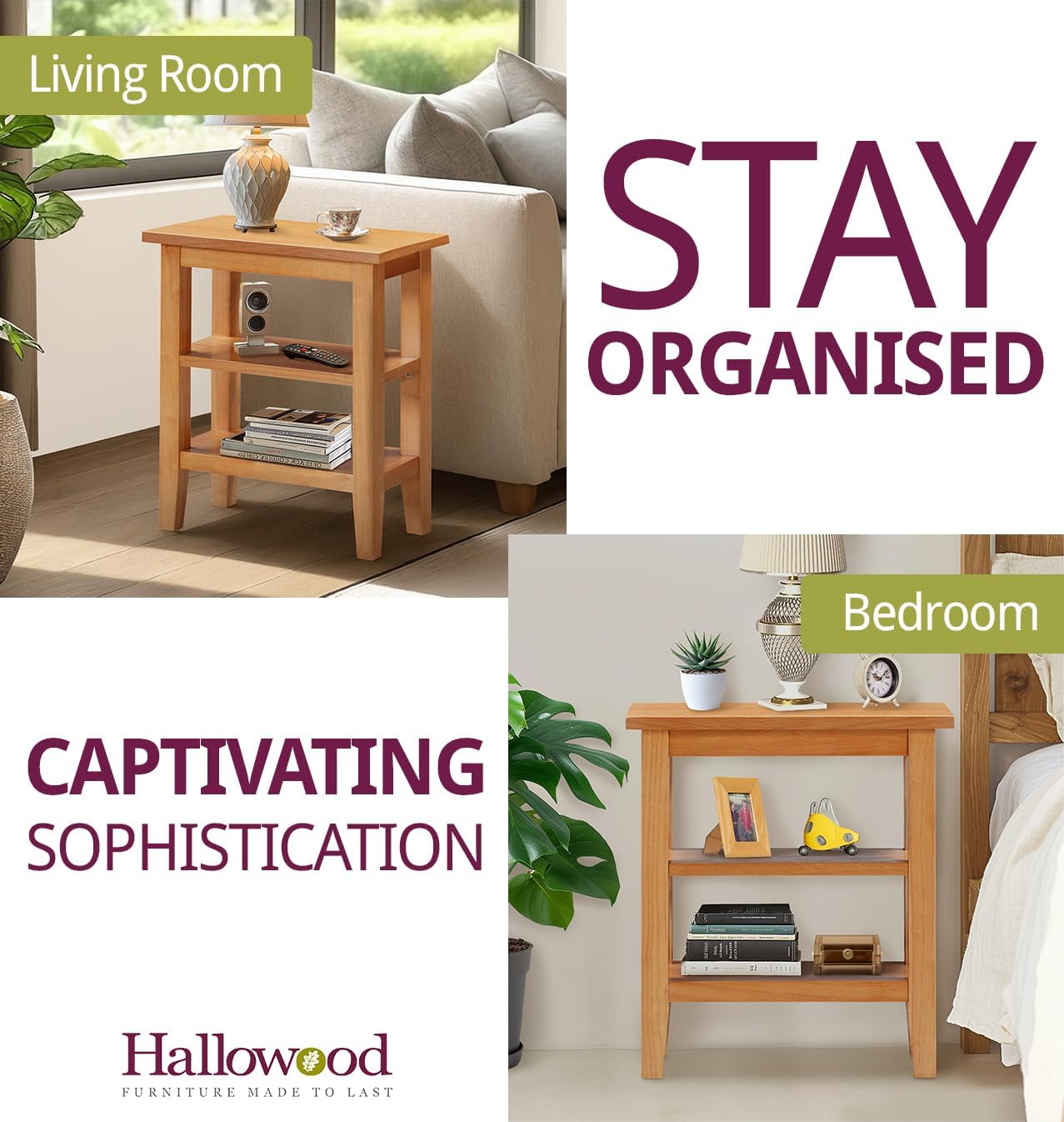 Hallowood Furniture Aston Oak Effect Small Side Table with 2 Shelves, Wooden Coffee Table with 2 Lower Open Shelves, Lamp Tables for Living Room or Hallway, Oak Bedside Tables for Small Spaces