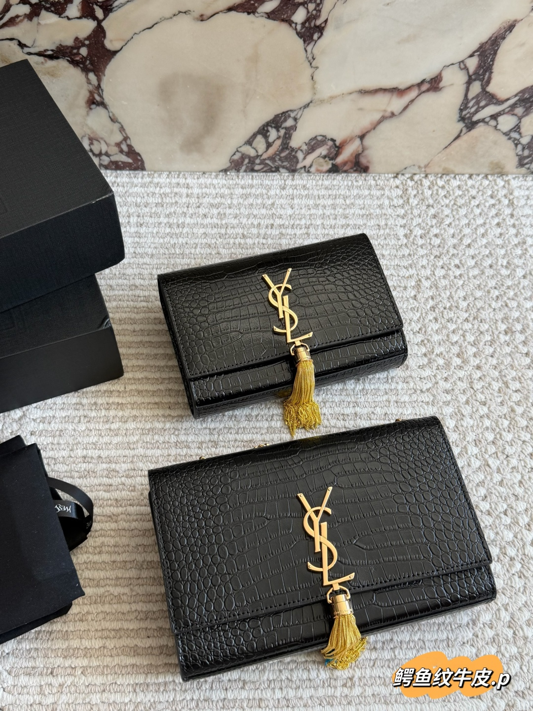 Saint Laurent Crocodile Pattern Leather Wallet with Gold Tassel and Chain Strap (Replica)