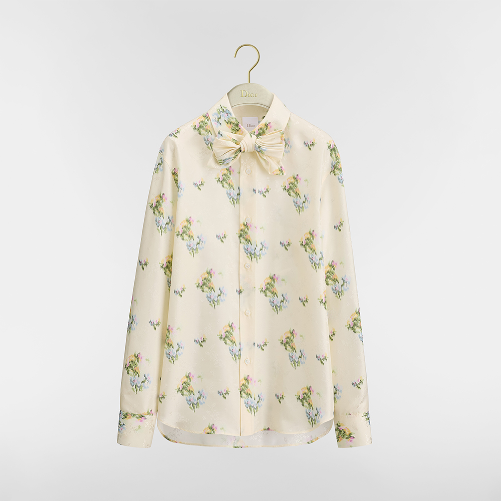 DIOR Mid-Length Flared Skirt Blouse with Removablel Bow Tie Ecru Multicolor Dior Secret Garden Silk Twil#380347