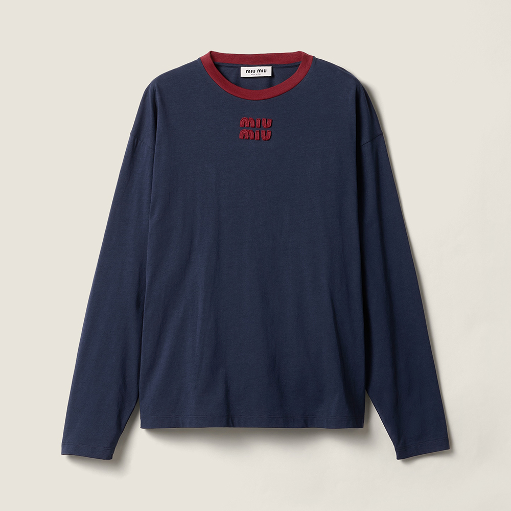 Designer blue Clothing MiuMiu Blue burgundy Long-sleeved Cotton Jersey T-shirt View 2 | Nigo Office