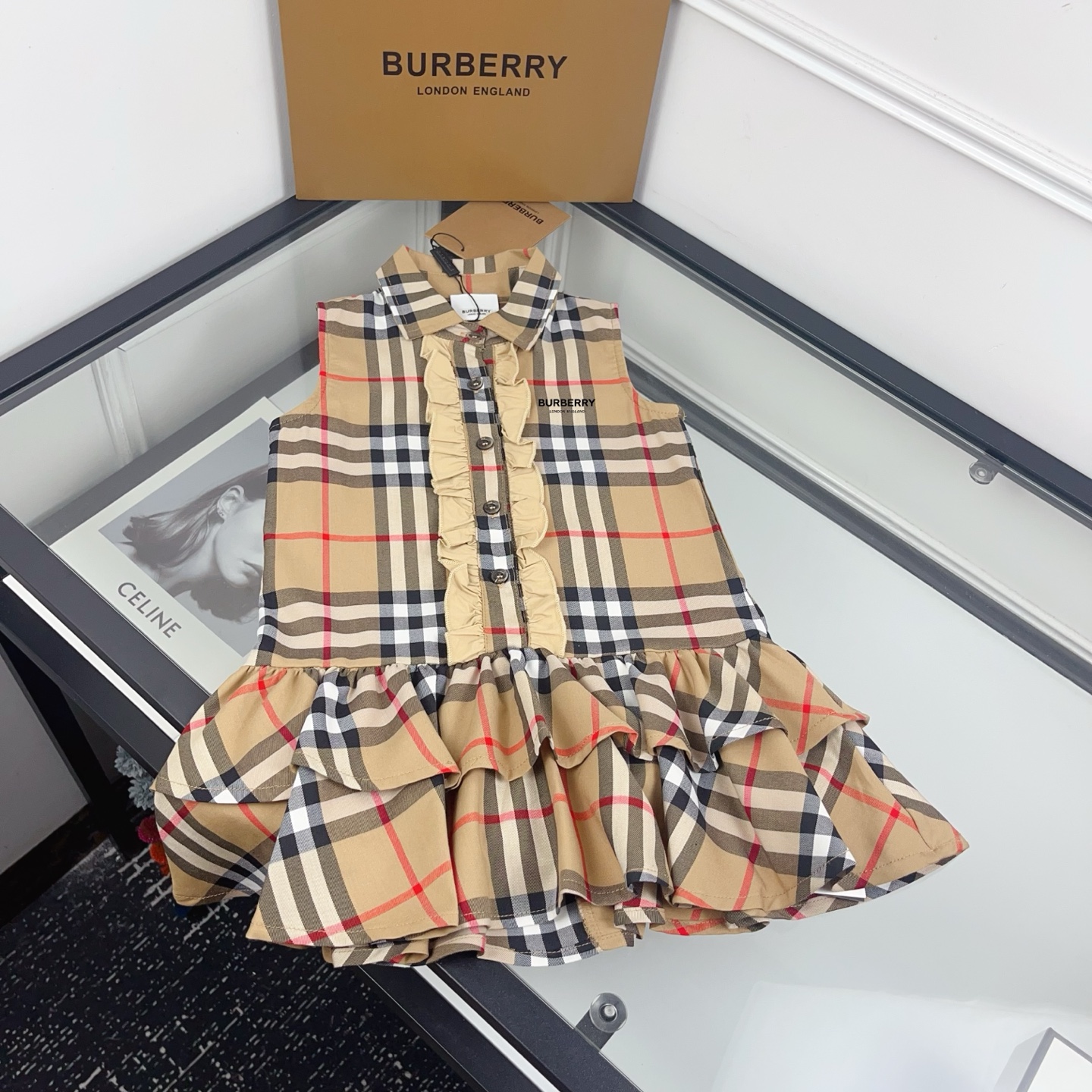 Burberry Girls Vintage Khaki Check Sleeveless Ruffle Collar Layered Hem Cotton Shirt Dress Kids Summer Princess Dress Sizes 100-160