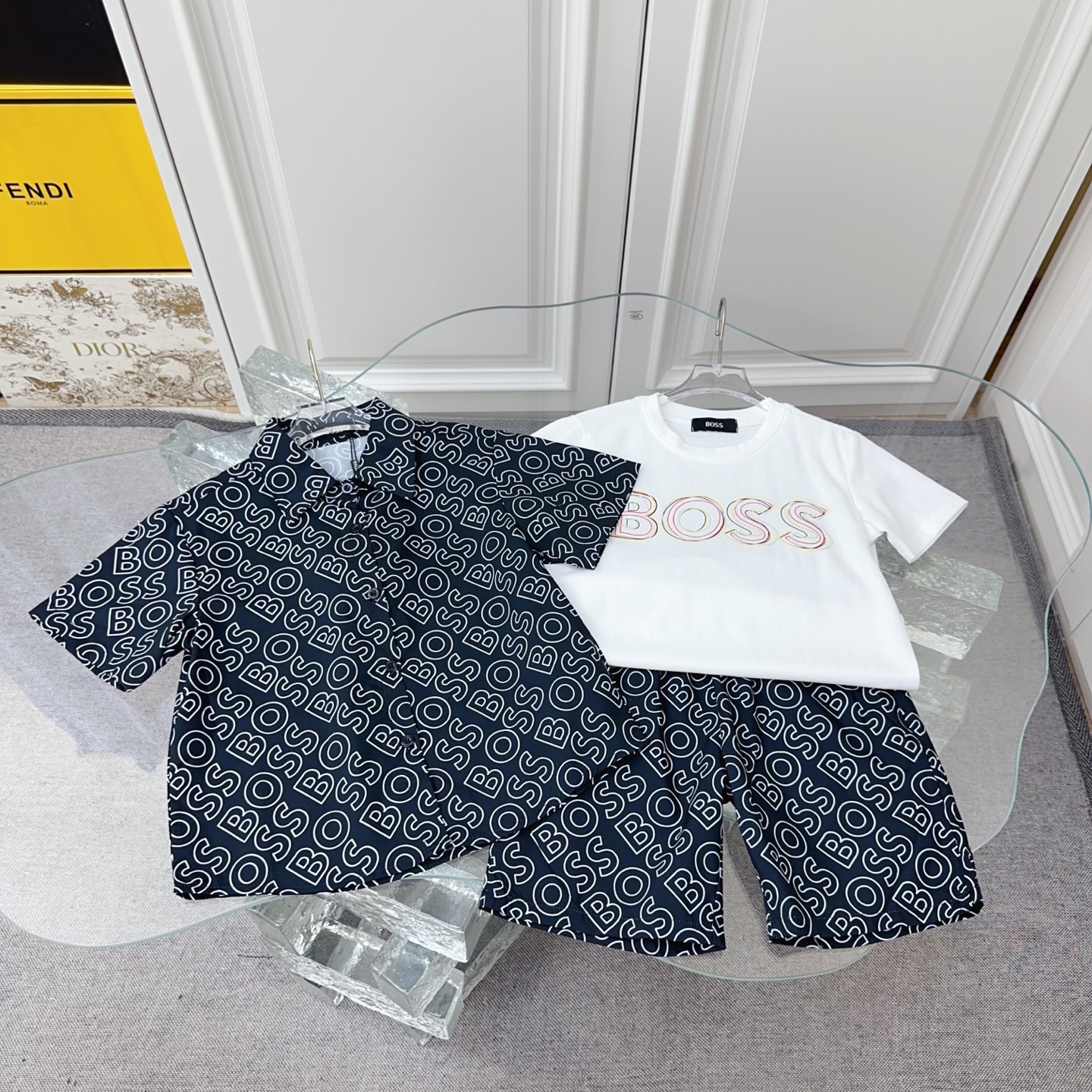 Boss Unisex Kids 3 Piece Outfit White Logo Print Short Sleeve T-Shirt + Black Full Logo Print Shirt & Shorts Set Boys Girls Sizes 110-160