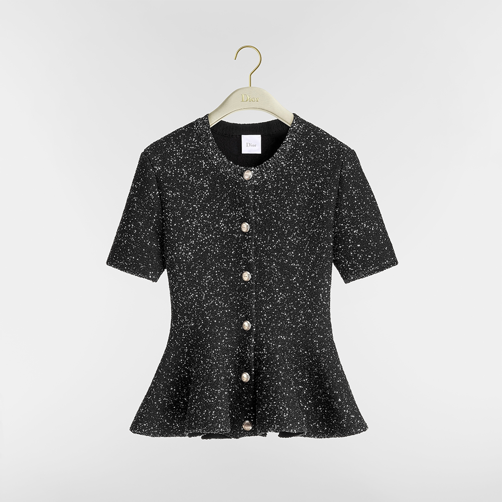 Dior black Clothing DIOR Short-Sleeved and Godet Skirt Peplum Cardigan Black Technical Knit with Silver-Tone Sequins#394768 V