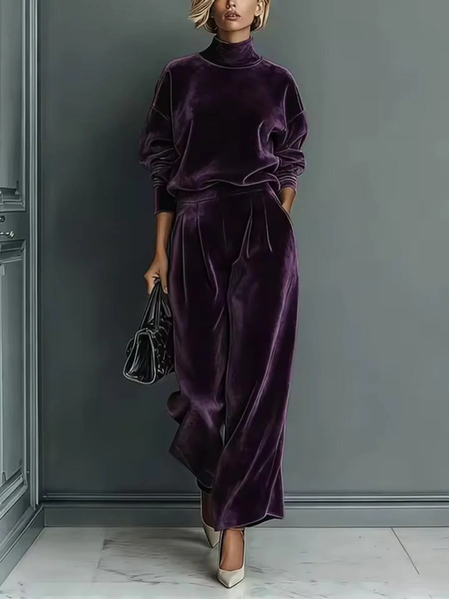Women High Neck Solid Color Casual Suit
