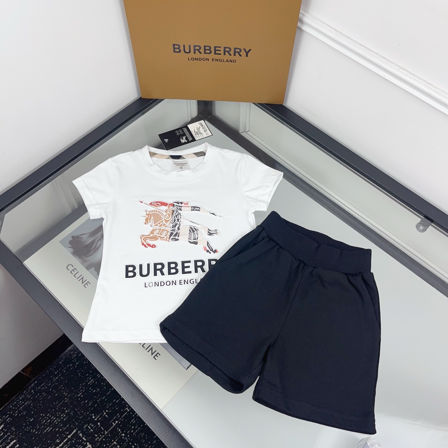 Burberry Unisex Kids White Embossed Equestrian Knight Print Short Sleeve T Shirt & Solid Black Elastic Waist Knit Shorts Two Piece Casual Matching Set Boys Girls Sizes 90-130