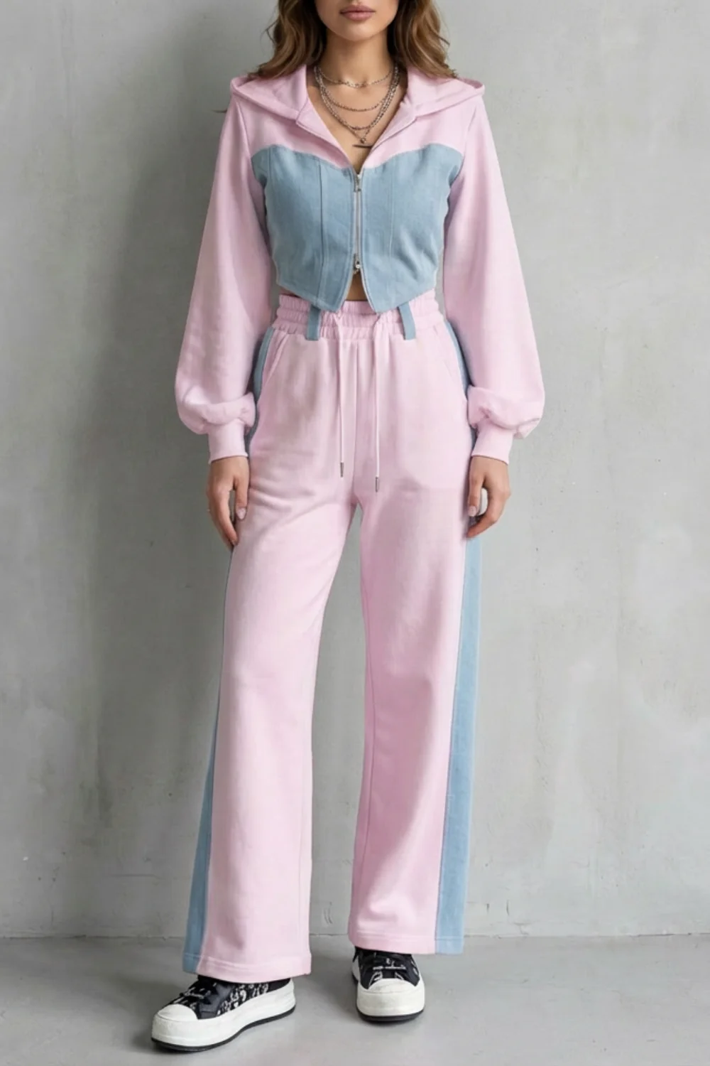 Arlo – Denim Splice – Two-Piece Hoodie & Sweatpant Set