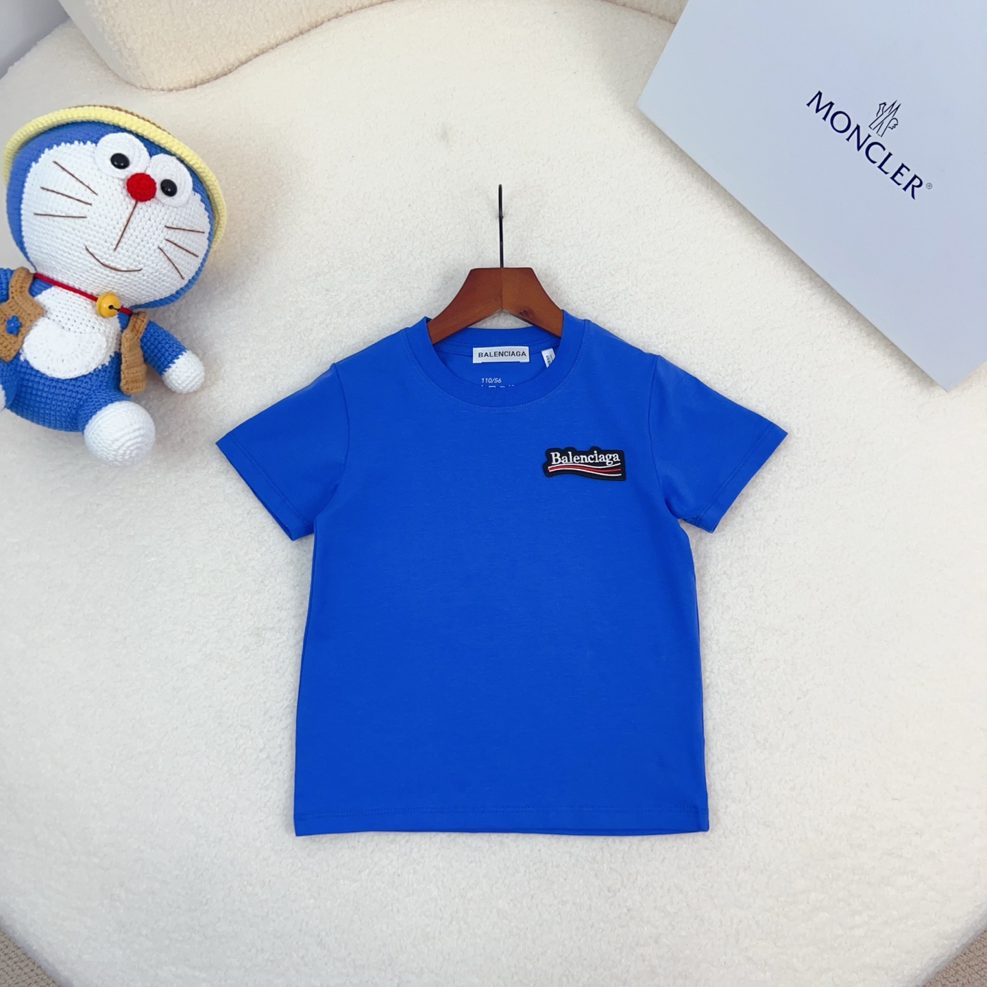 Balenciaga Unisex Kids Woven Patch Logo Crew Neck Short Sleeve T-Shirt Cotton Modal Boys Girls Summer Basic Tee Sizes 90-170 Blue