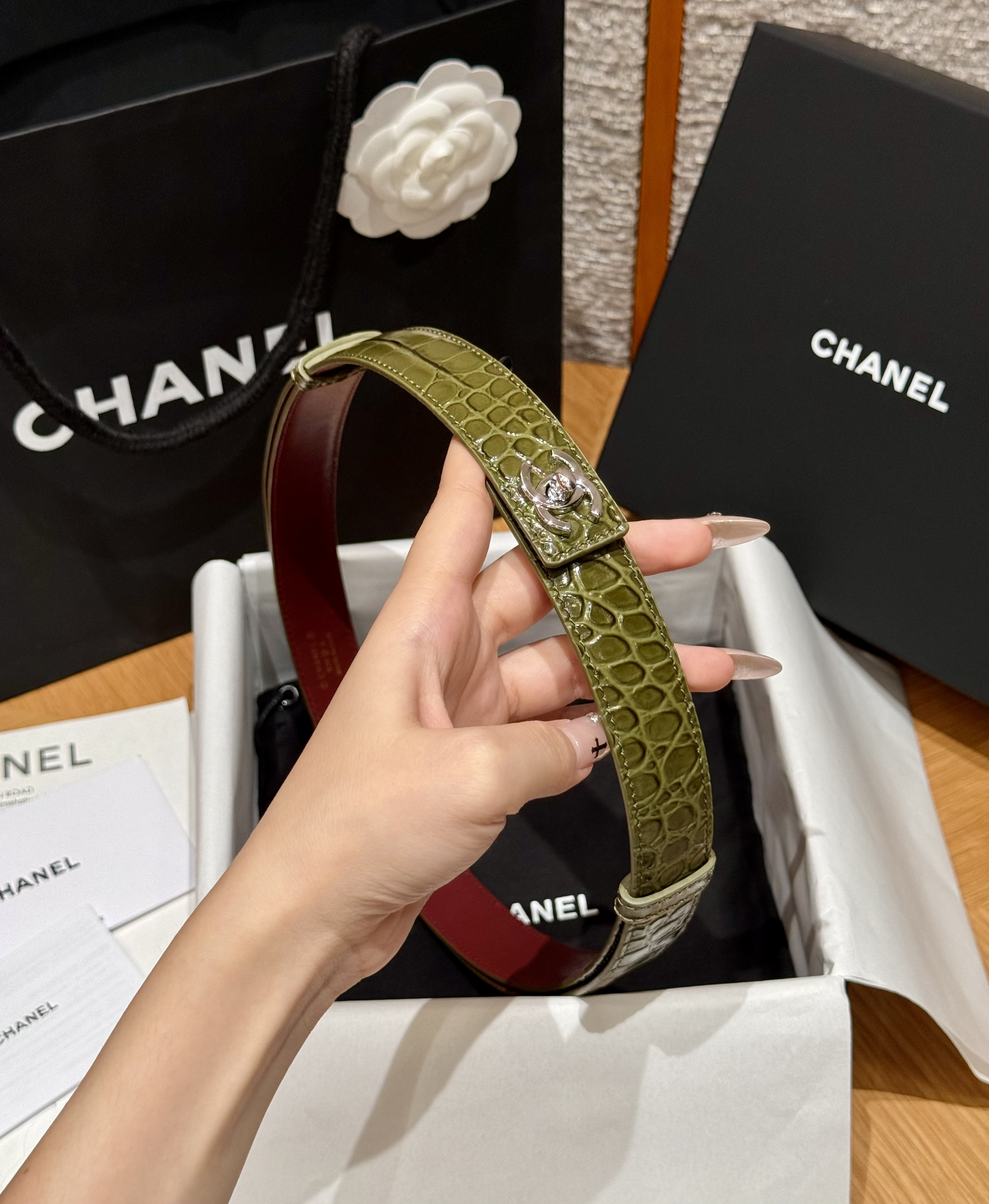 Chanel khaki Belt CHANEL Leather Belt Crocodile Embossed Calfskin Metal Khaki Gold #395509 View 2 | Nigo Office