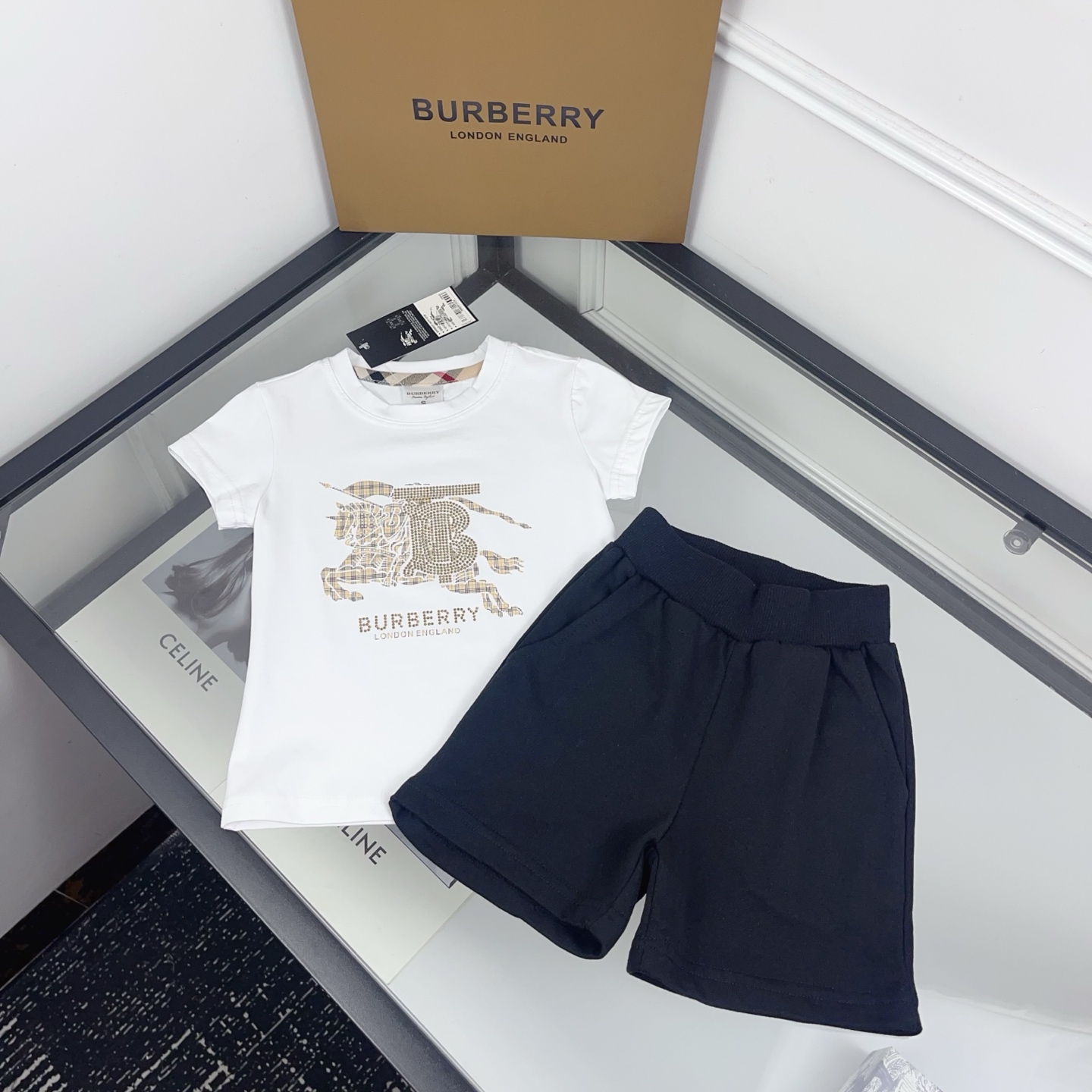 Burberry Unisex Kids White Rhinestone Equestrian Knight Print Short Sleeve T Shirt & Solid Black Elastic Casual Shorts Two Piece Matching Set Boys Girls Sizes 90-130