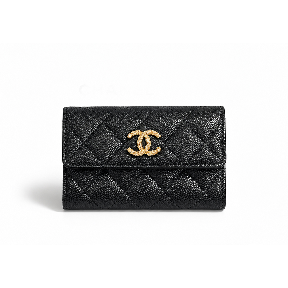 Chanel black Bag Chanel Card Holder Black Twisted Interwoven Rhinestone Embellished Gold CC Lychee Diamond Coin Holder #39629