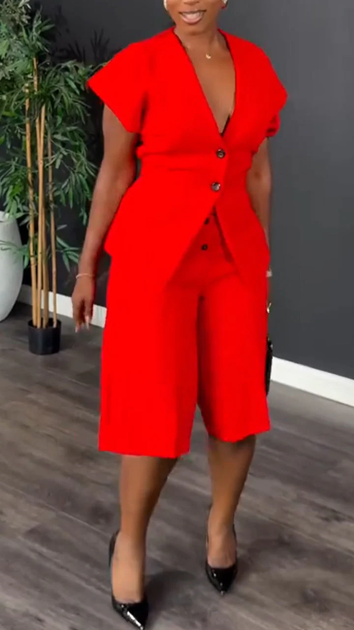 Womens V-neck Jacket+ Pants Casual Set with Temperament