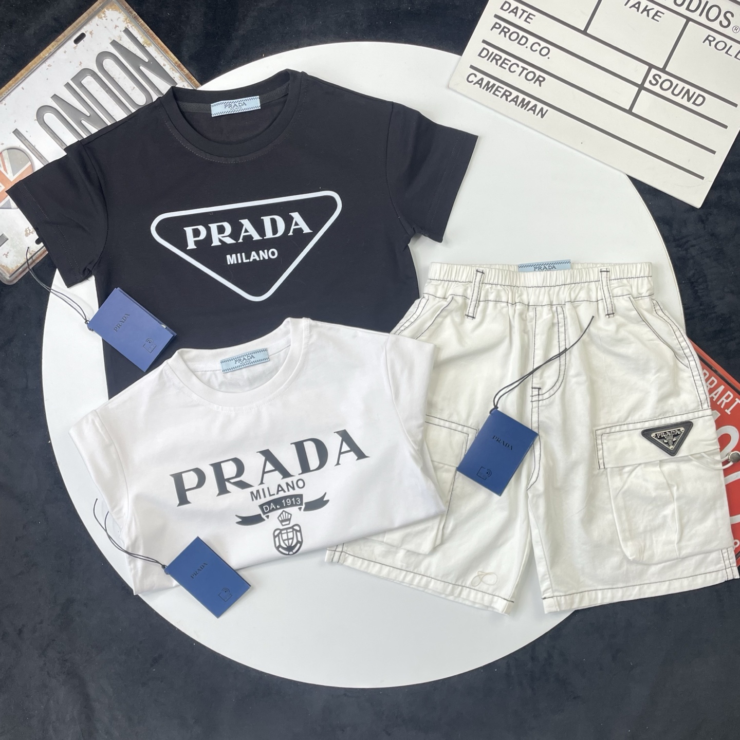 Prada Unisex Kids Black White Triangle Logo Short Sleeve T-Shirt & White Cargo Denim Shorts Set Boys Girls Sizes 90-150