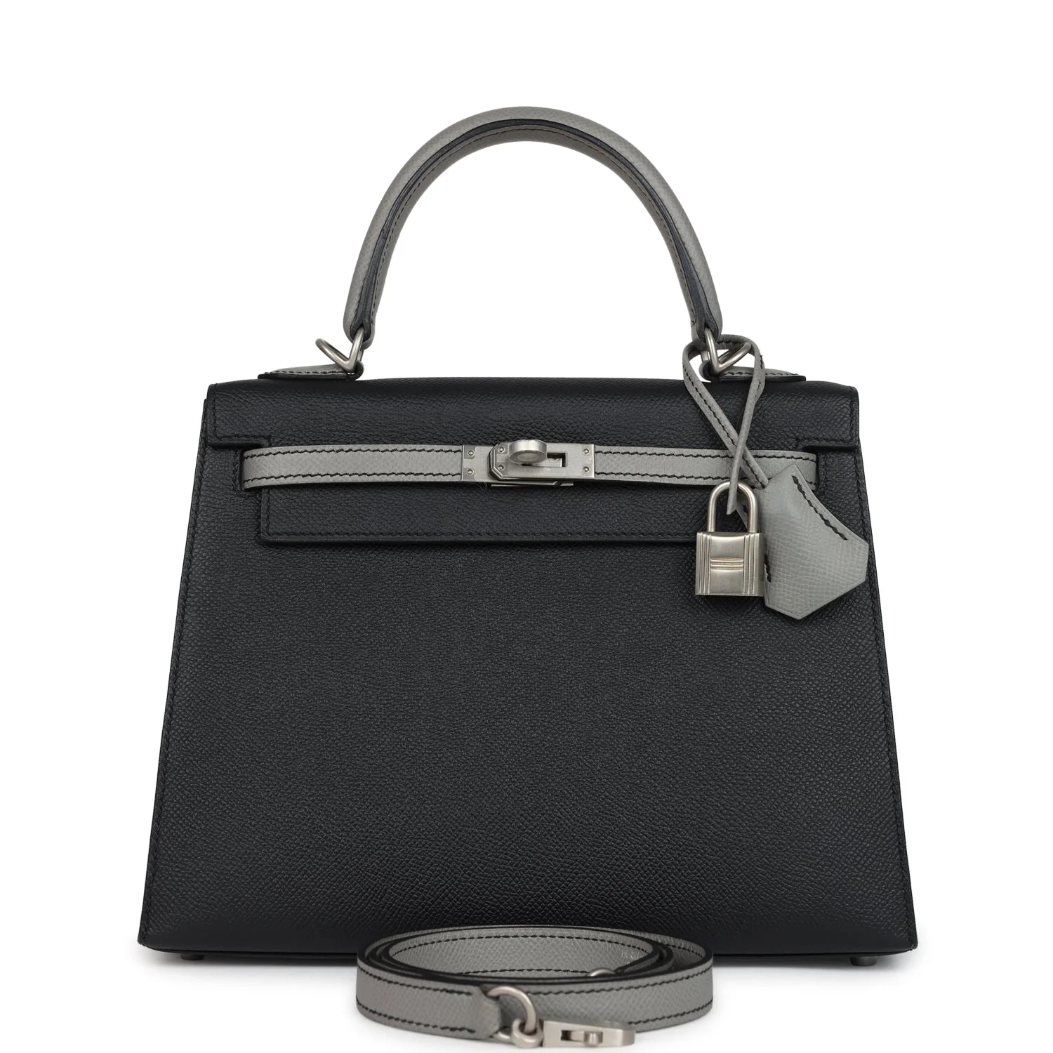 Hermes Special Order (HSS) Kelly Sellier  Black and Gris Mouette Epsom Brushed Gold Hardware