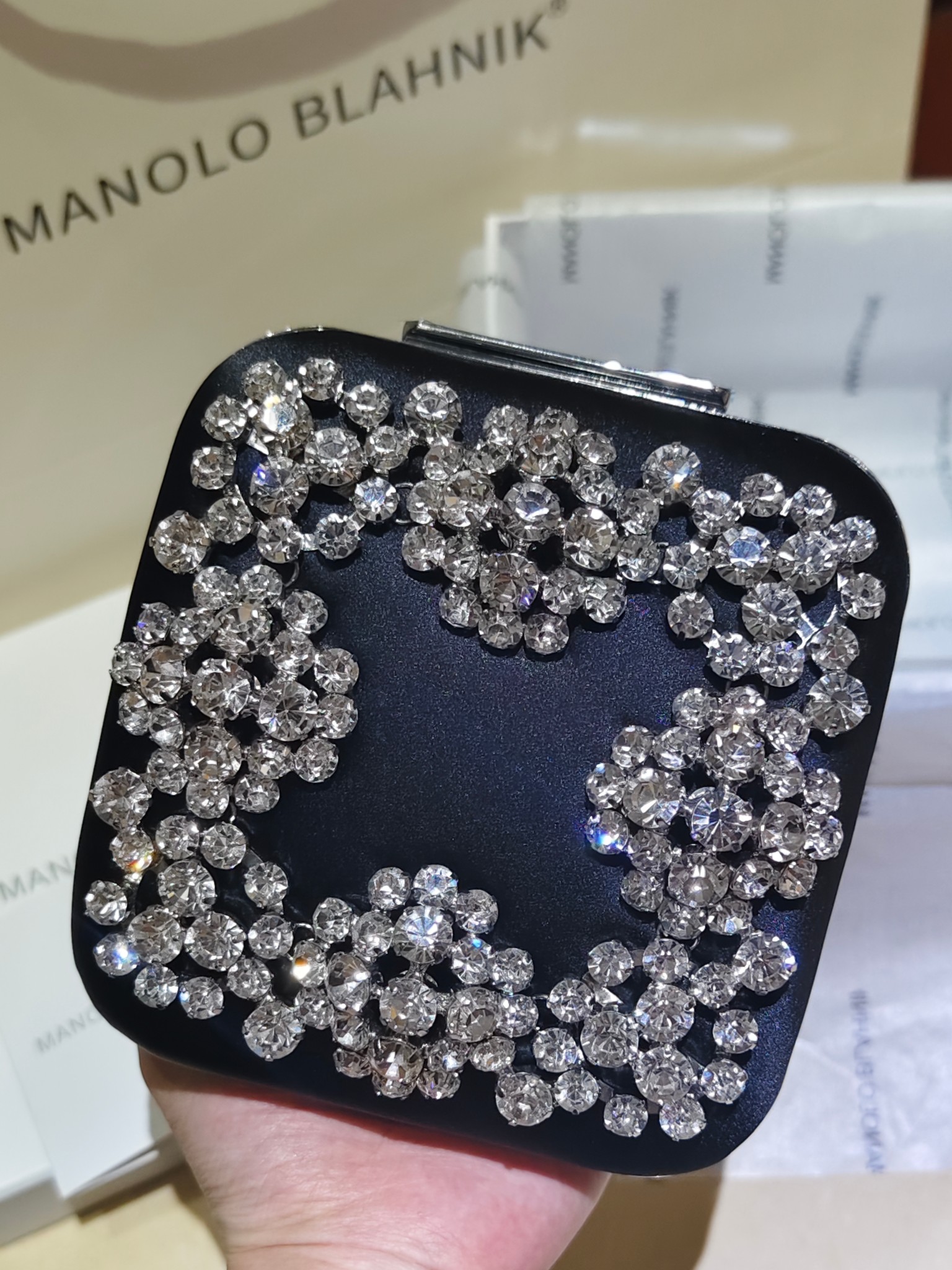 [TOP] MANOLO BLAHNIK Lace-patterned Square Bag 15.8*17*7.3cm - Dark Blue - 711 Luxury
