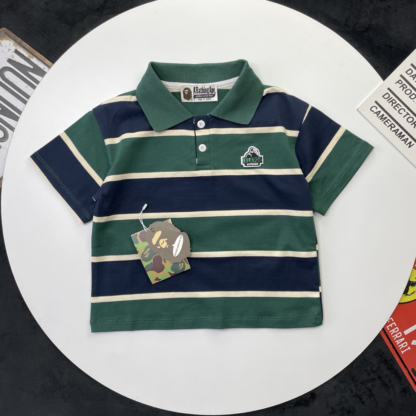 Bape X Xlarge Unisex Kids Green Navy White Striped Short Sleeve Polo Shirt Boys Girls Sizes 90-160