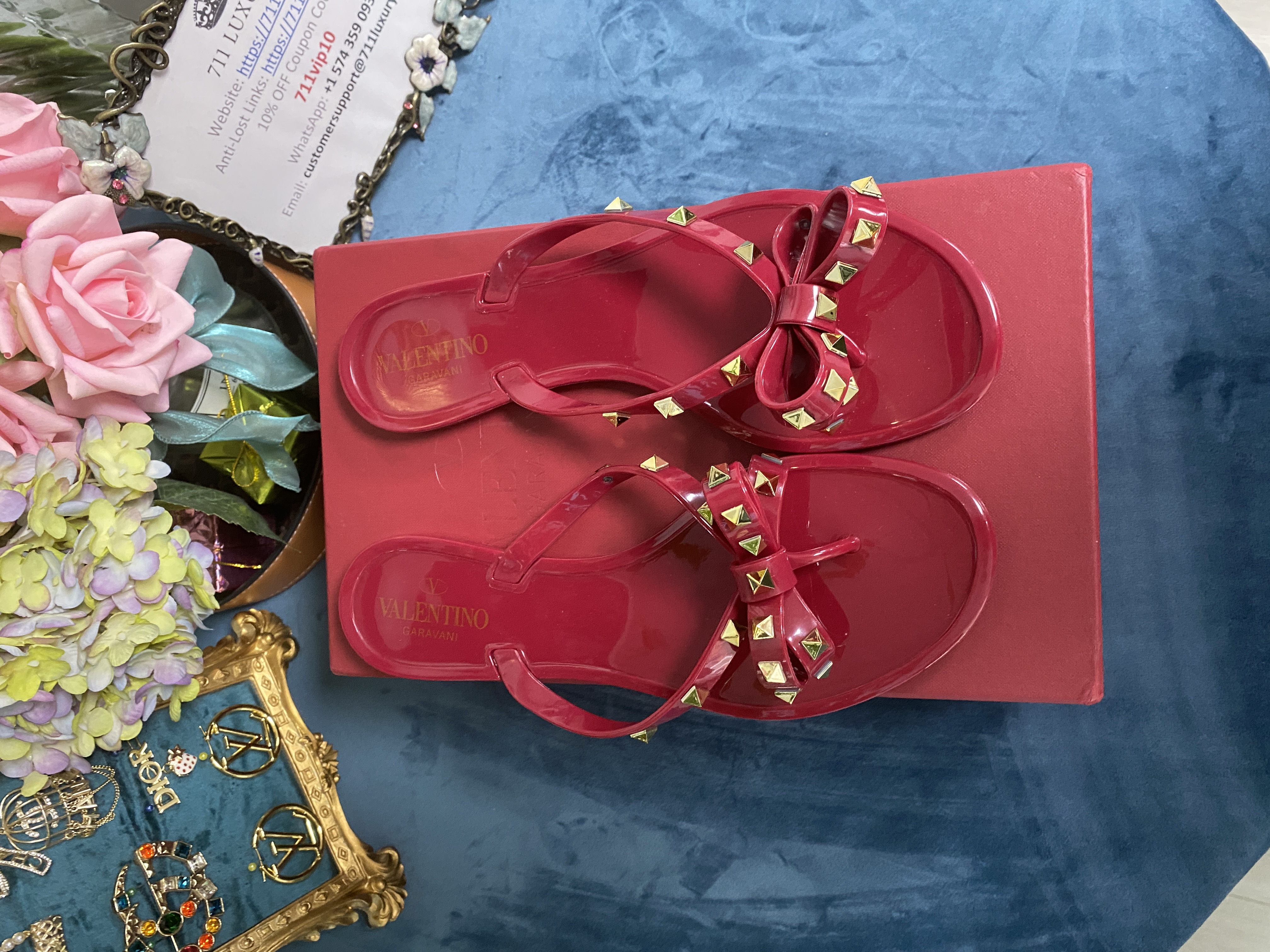 Only one [TOP] VALENTINO Jelly Rock Stud Flat Thong Sandals - Red -  EUR Size 40 - No refund or exchange - 711 Luxury