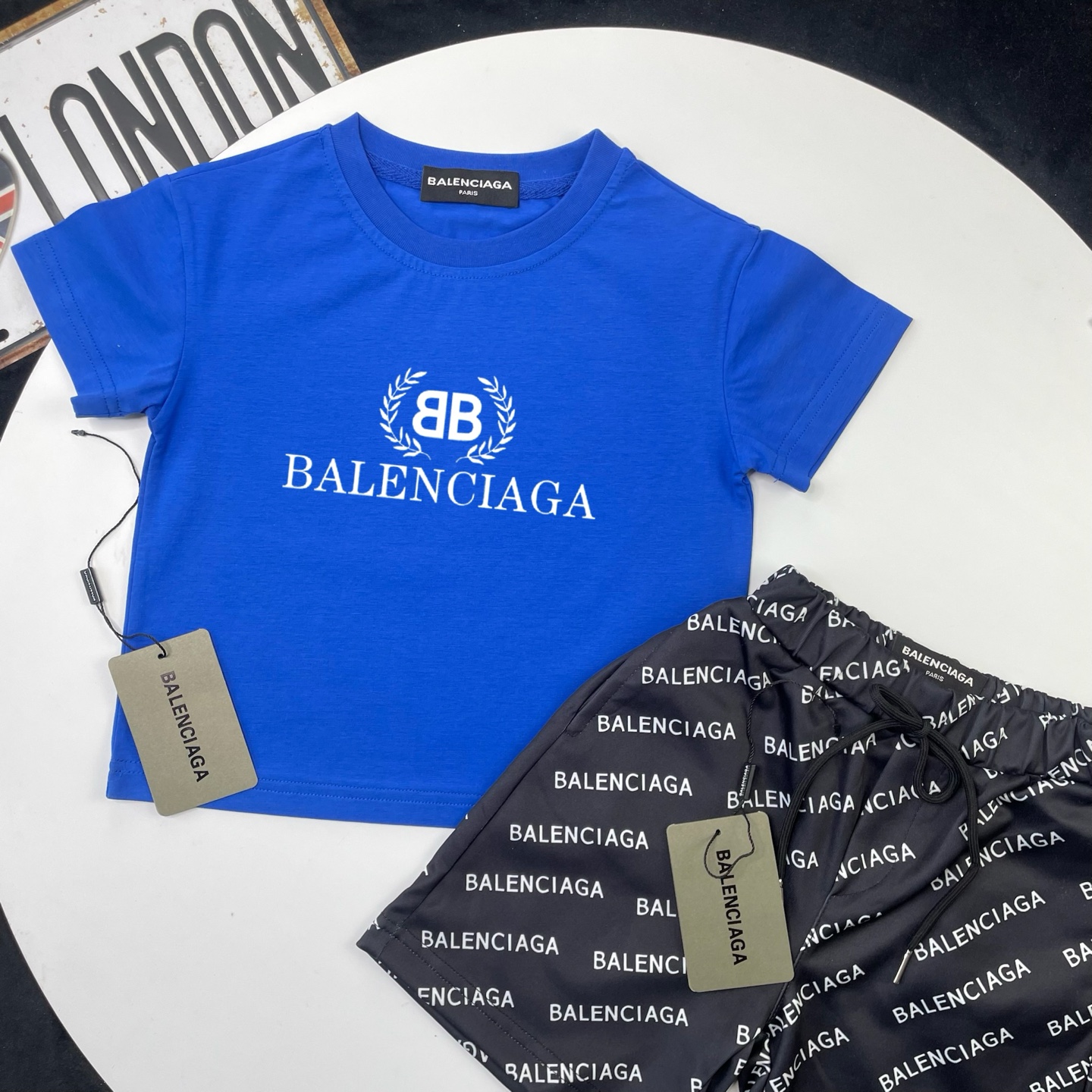Balenciaga Unisex Kids Royal Blue Wreath BB Logo Short Sleeve T-Shirt & Black All Over Letter Print Casual Shorts 2 Piece Set Boys Girls Sizes 90-150