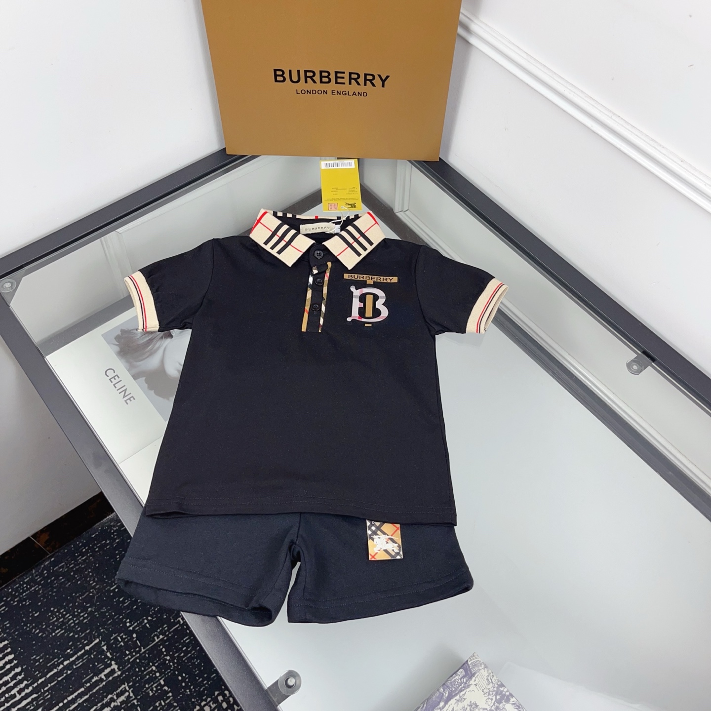 Burberry Unisex Kids Striped Collar B Embroidery Polo Shirt & Check Patch Shorts Two Piece Set Boys Girls Sizes 90-130 Black