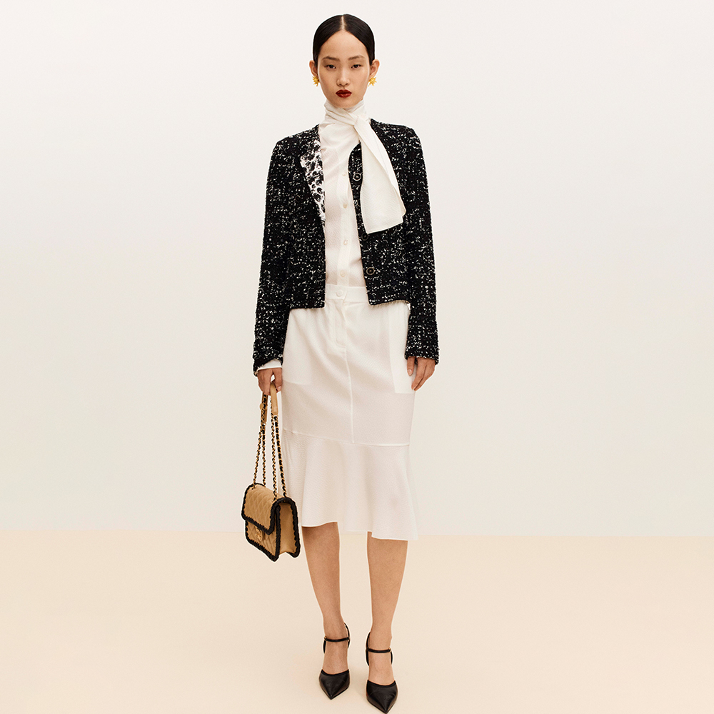 Chanel Long Sleeved Midi Skirt Blouse Silk Jacquard Silk White #381092