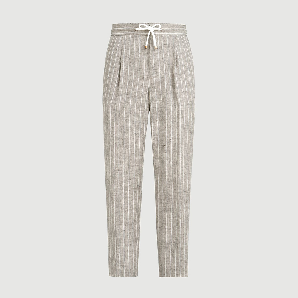 Brunello Cucinelli Clothing Brunello Cucinelli Chalk Stripe Linen Twill Trousers With Drawstring and Double Pleats #393518 |
