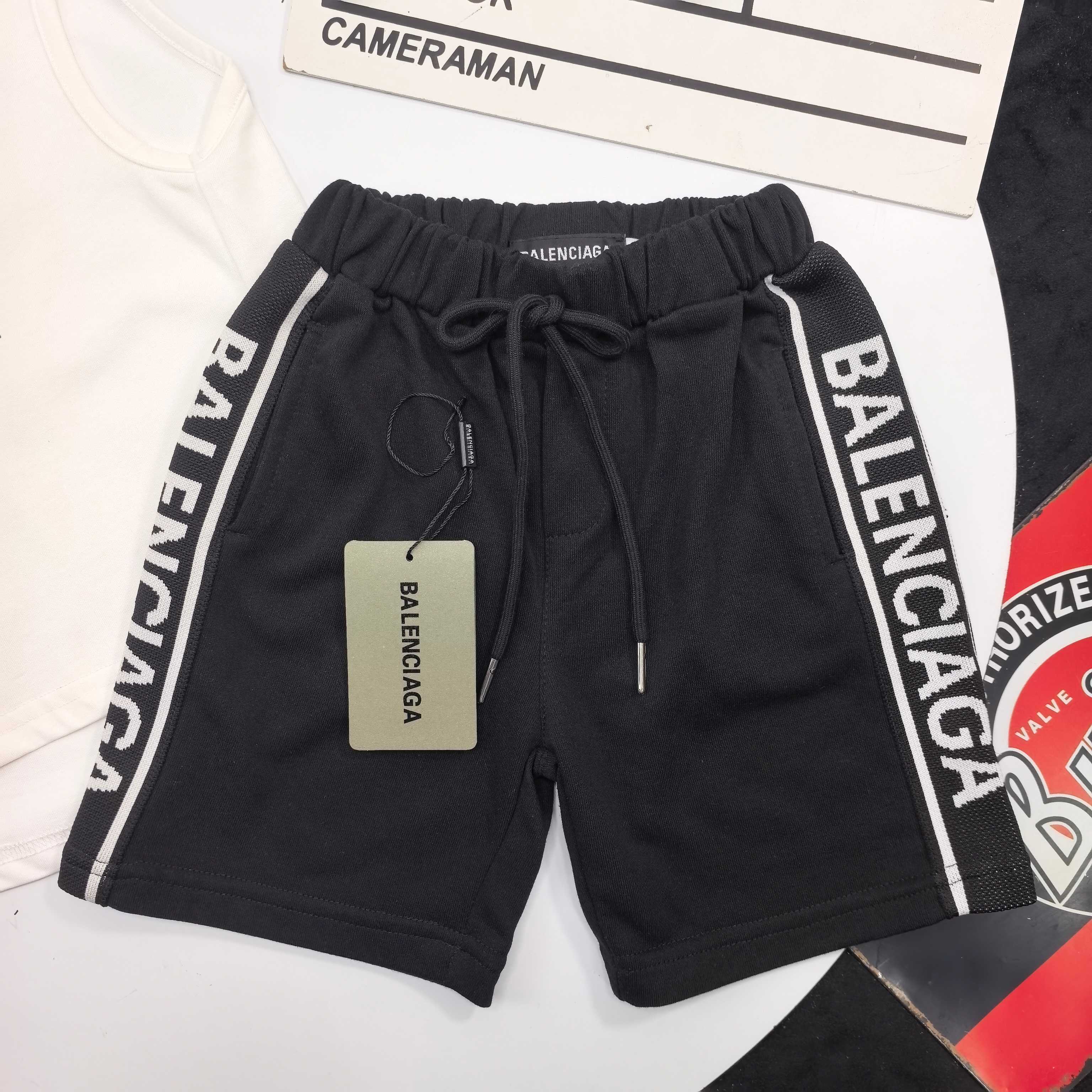Balenciaga Unisex Kids White Cartoon Sketch Sleeveless Tank Top & Black Double Side Woven Logo Stripe Sweat Shorts 2 Piece Set Boys Girls Sizes 90-150