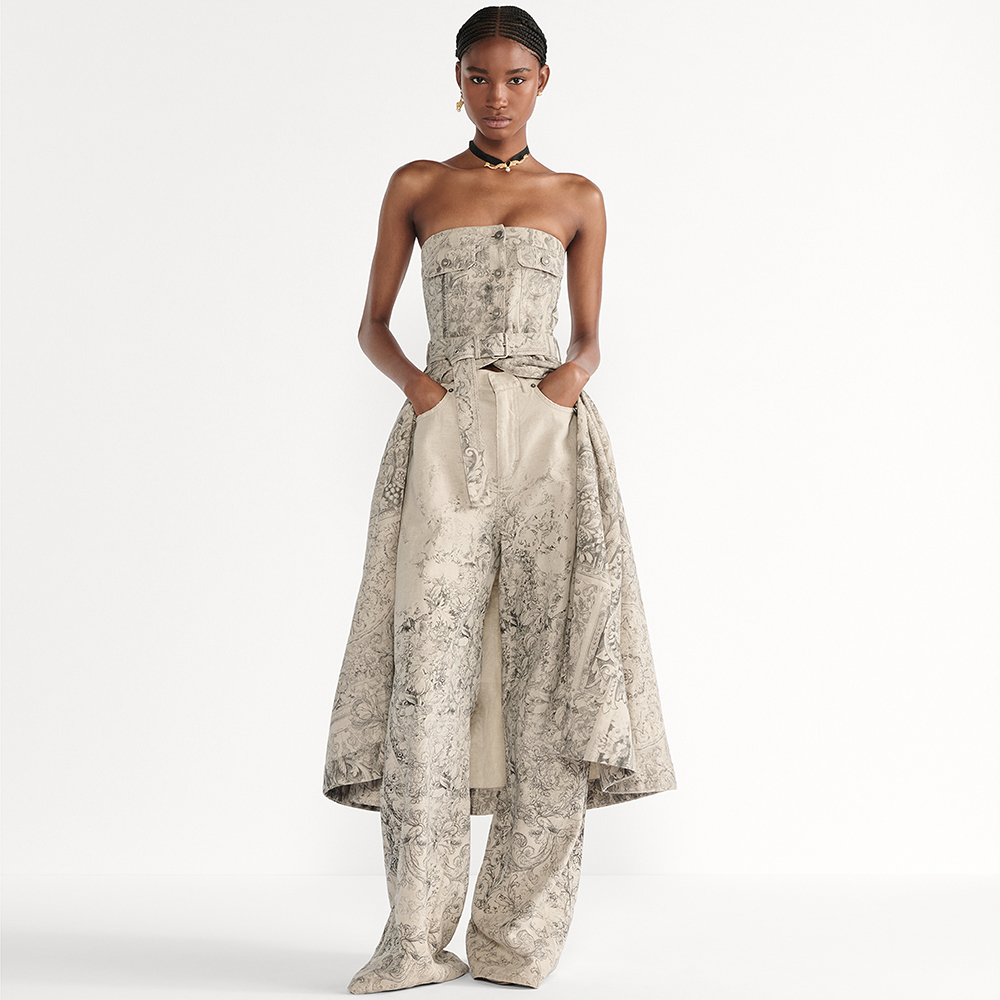 DIOR Mid-Length Belted Bustier Dress Beige Dior Barocco Cotton-Linen Denim #383696